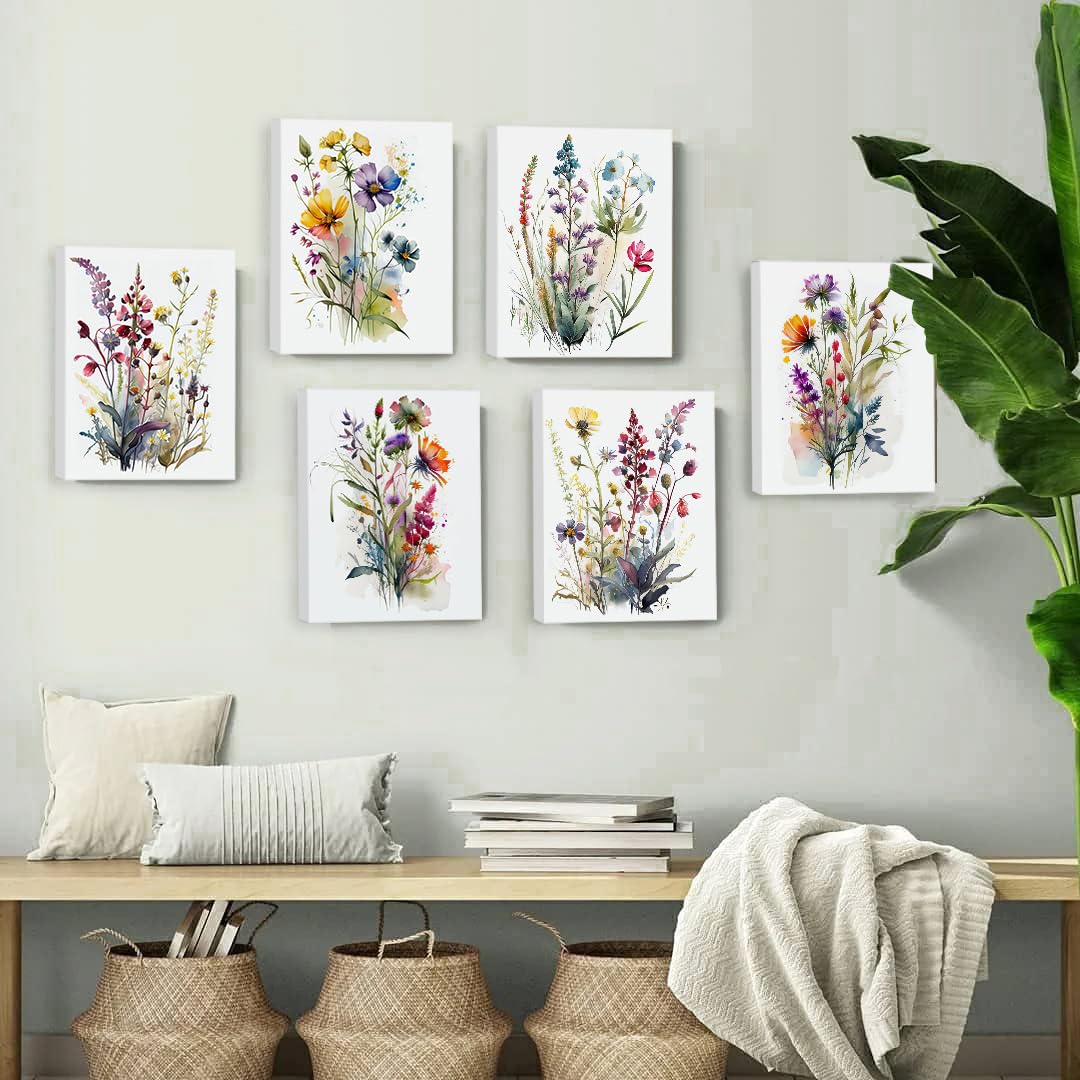 YIMEHDAN Impresión Artística De Acuarela De Flores Silvestres Con Arco Iris, Prado Natural Con Impresión En Lienzo De Mariposa, Arte De Flores Florecientes Para Decoración De Jardín De Granja (juego