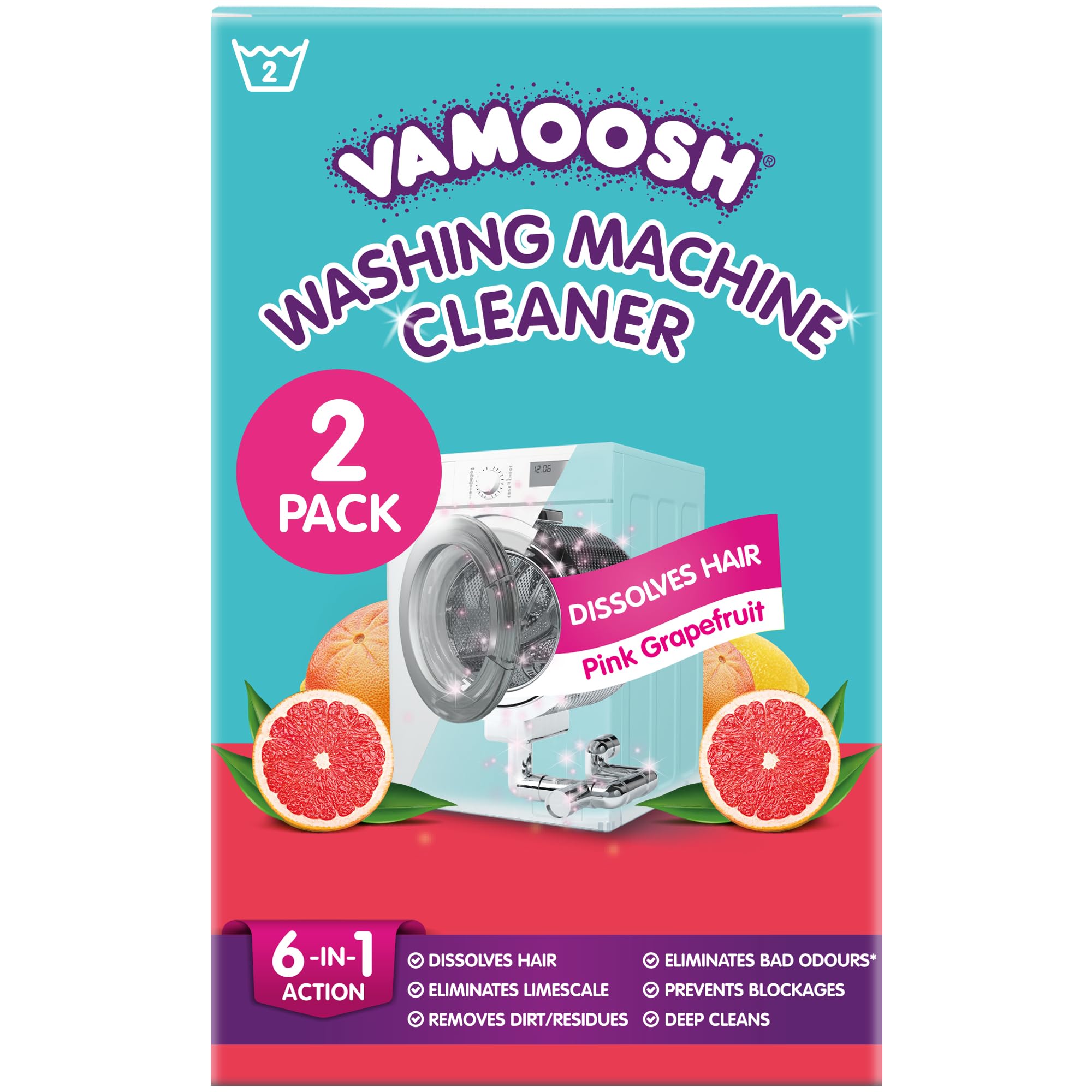 Vamoosh Washing Machine Cleaner | For Front &amp; Top Load Washers | Grapefruit Scent | 6-in-1 Formula | Dissolves Pet Hair | Prevents Blockage | Removes Limescale | Eliminates Odor | Made in UK | 2x150g