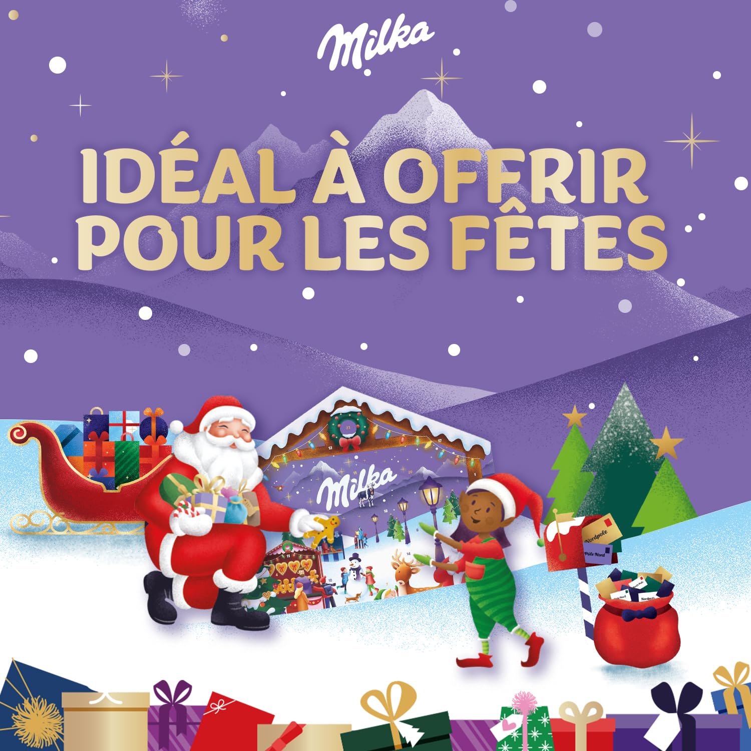 MILKA - 1 Calendrier de l'Avent Magic Mix Milka - Assortiment d'œufs, tablettes et Père Noël en Chocolat au Lait du Pays Alpin - 1 Calendrier de 147g