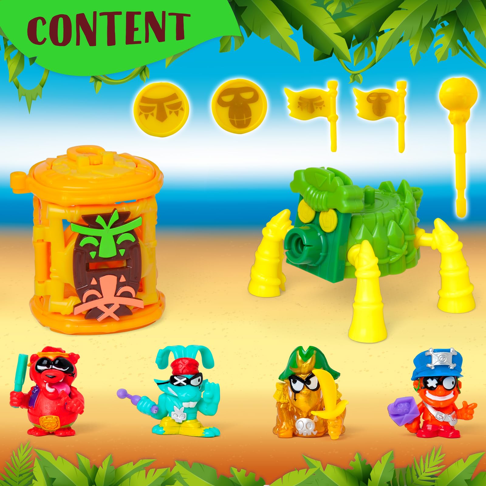 PIRATIX ADVENTURE WORLD Crazy Jungle Series, Captain Pack Louie: 4 Piratix, 1 golden Captain, 4 neon accessories, 1 Cage - Image 2