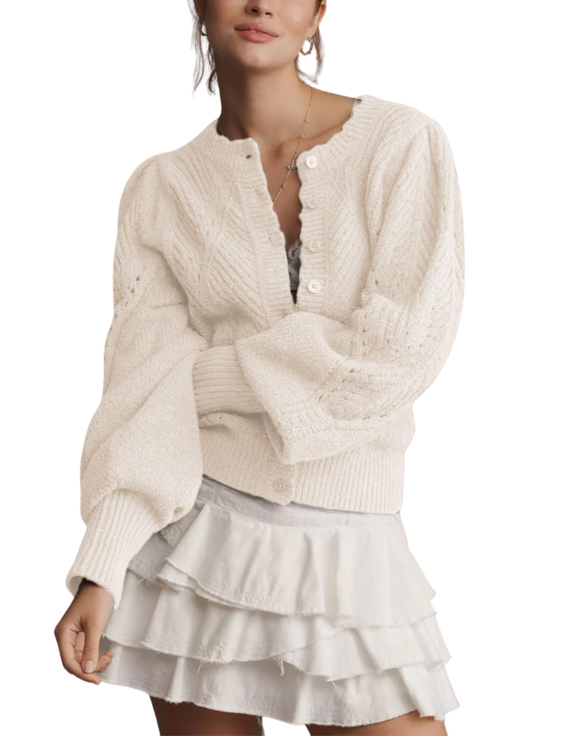 Women Pointelle Knit Lightweight Cardigan Puff Sleeve Scalloped Trim Button Down Open Front Cropped Sweater Jacket