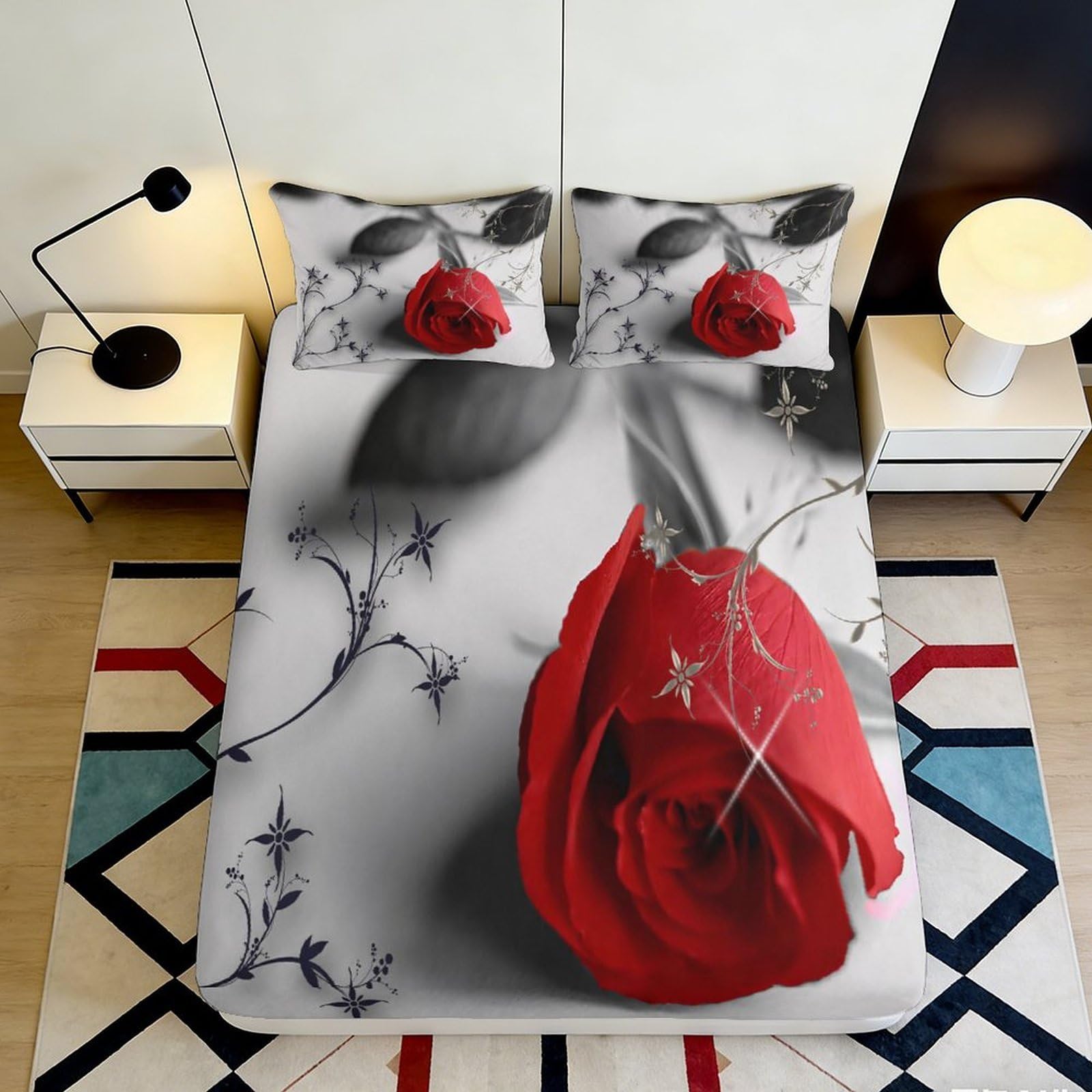 Kzqnxhjprl Style-1 3D Printed Red Rose Fitted Sheet Microfiber Soft Bedroom Decor Black Leaf Mattress Cover For Adults Teens 90X200x25cm