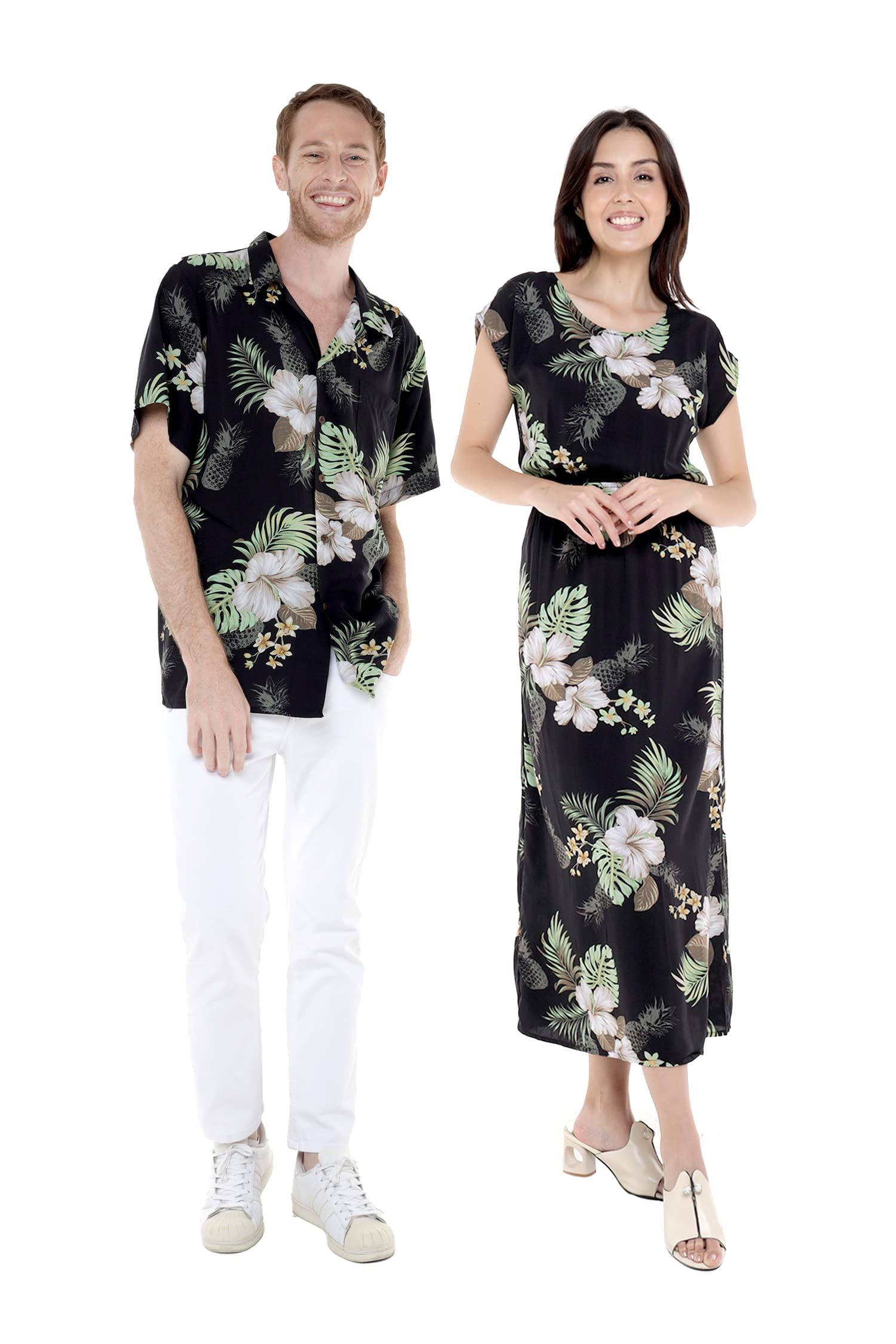 Hawaii HangoverMatchable Couple Hawaiian Luau Shirt or Maxi Simple Dress in Pineapple Garden Black