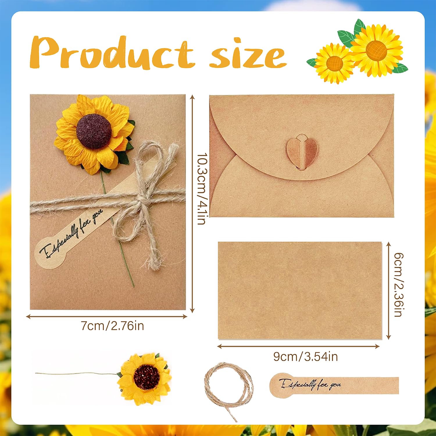 Kraft Papier Retro Grußkarten mit Umschlägen, 8 Stück, Trockenblumen, für Hochzeit Geburtstag Weihnachten