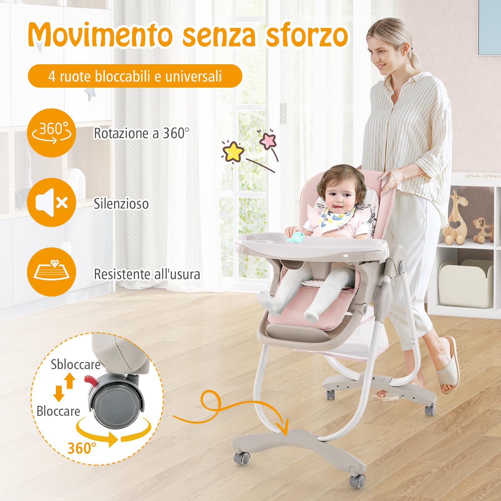 COSTWAY Seggiolone Pappa per Bambini e Neonati, Seggiolone Pieghevole Multifunzione con Ruote, Altezza Regolabile, Poggiapiedi e Schienale, Vassoio Rimovibile, per 6-36 Mesi (Rosa)