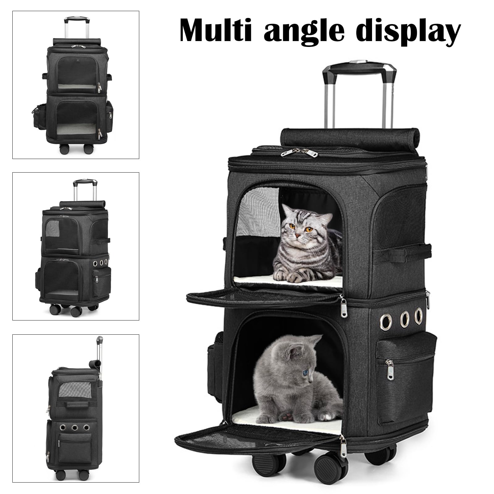 Sac à Dos Chat Chien, Sac à Dos de Transport à Double Compartiment avec Roues Amovibles Sacs Transport Chat Chien Respirant pour 2 Petits Chats et Chiens Chiot