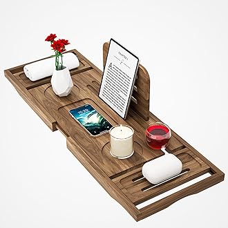 Premium Teak Bathtub Tray Caddy, Expandable Wooden Bath Tray for Bathub, Luxury Bathtub & Bathroom Accessories, Great House Warming, Anniversary & Wedding and Birthday Gifts