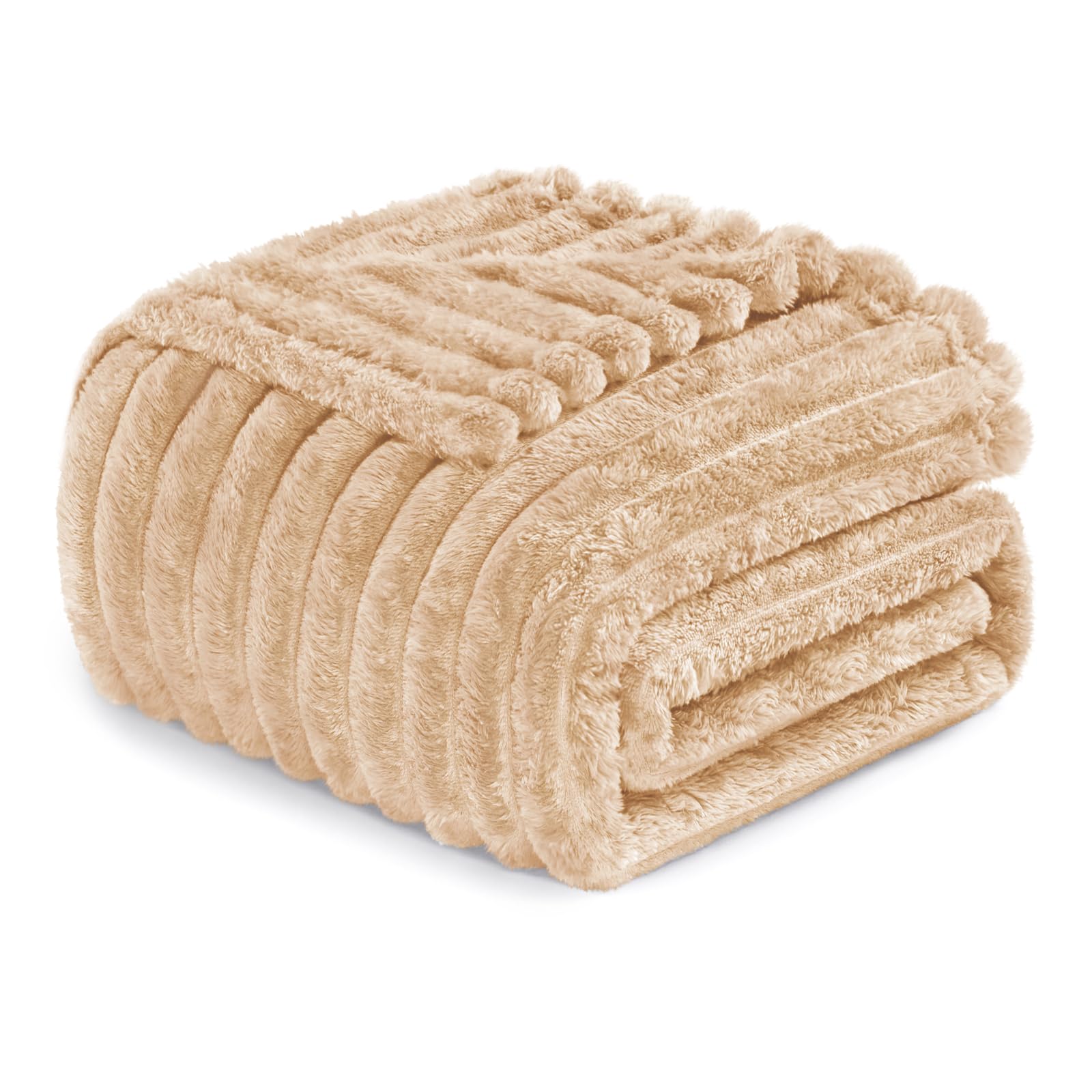 Exclusivo Mezcla Fleece Throw Blanket for Couch, Super Soft Striped Jacquard Bed Blanket, Lightweight Fuzzy Cozy for All Seasons, 127x152 CM, BeigeOEKO-TEX STANDARD 100
