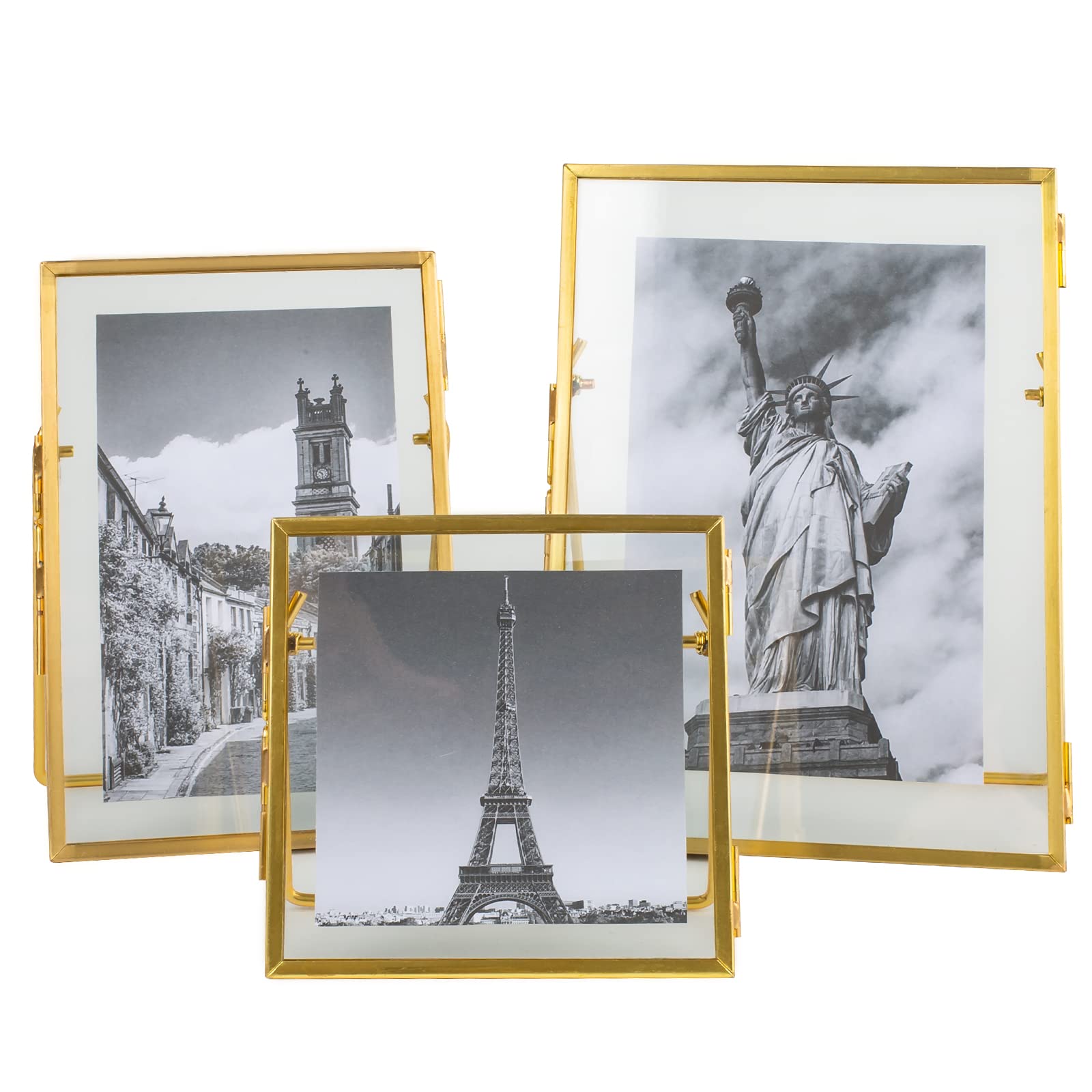 Set of 3 Gold Floating Frame, Glass Pressed Flower Picture Frames Collection, 4"x4", 4"x6", 5"x7" Gold Metal Standing Tabletop Glass Floating Frame Home Decor Artwork Photo Display