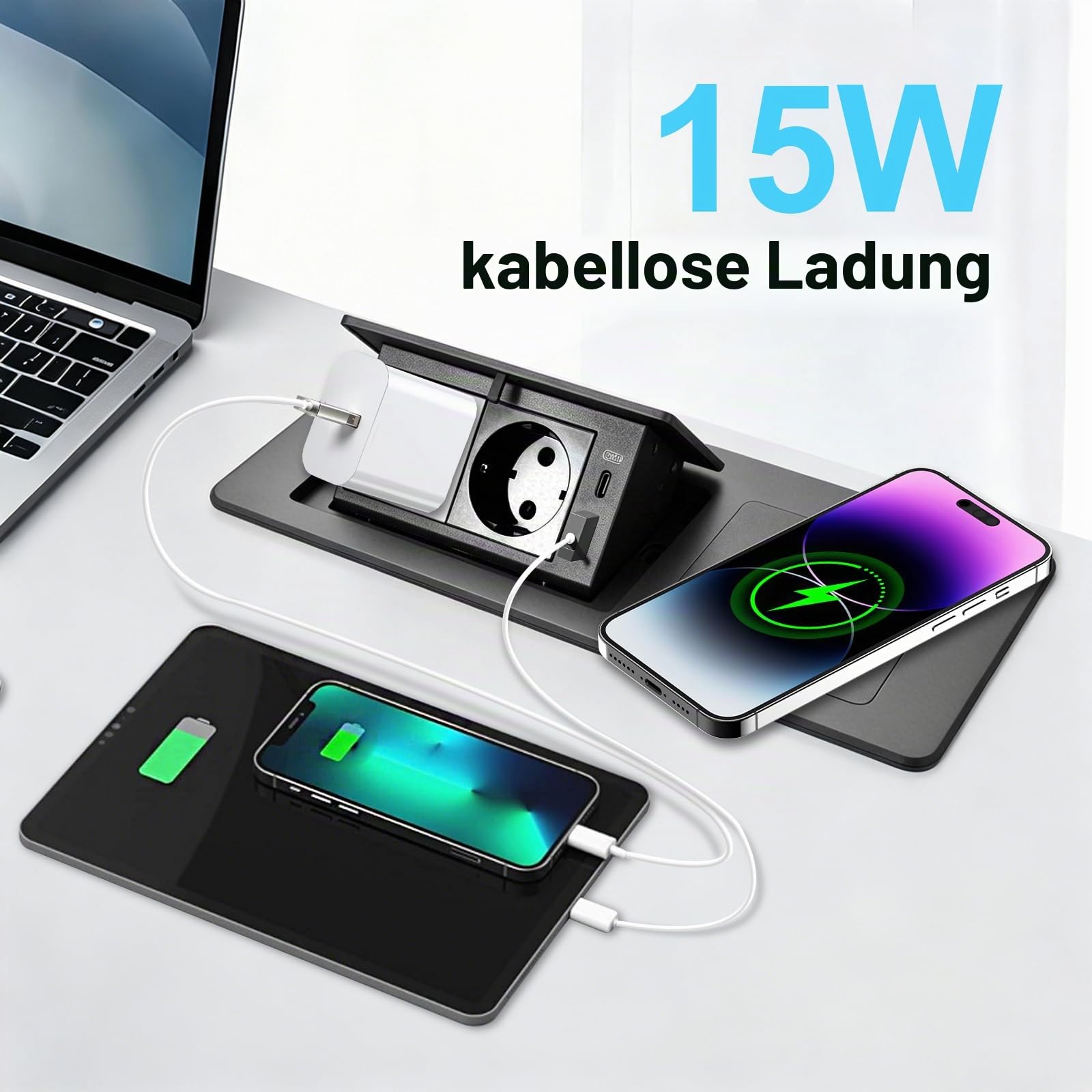Versenkbare Steckdose 2-Fach mit USB-C PD 20W Schnellladefunktion & 15W kabellosem Ladegerät, Pop-Up Tischsteckdose für Arbeitsplatte, Schreibtisch und Küche, platzsparende Steckdosenleiste Einbau