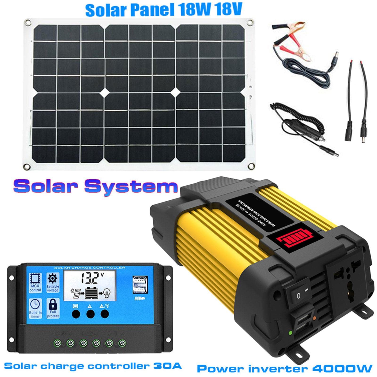 Impianto solare completo 4000 W, kit indipendente dalla rete, 1 inverter con morsetto per batteria + pannello solare 18 W, 18 V, 18 V, regolatore