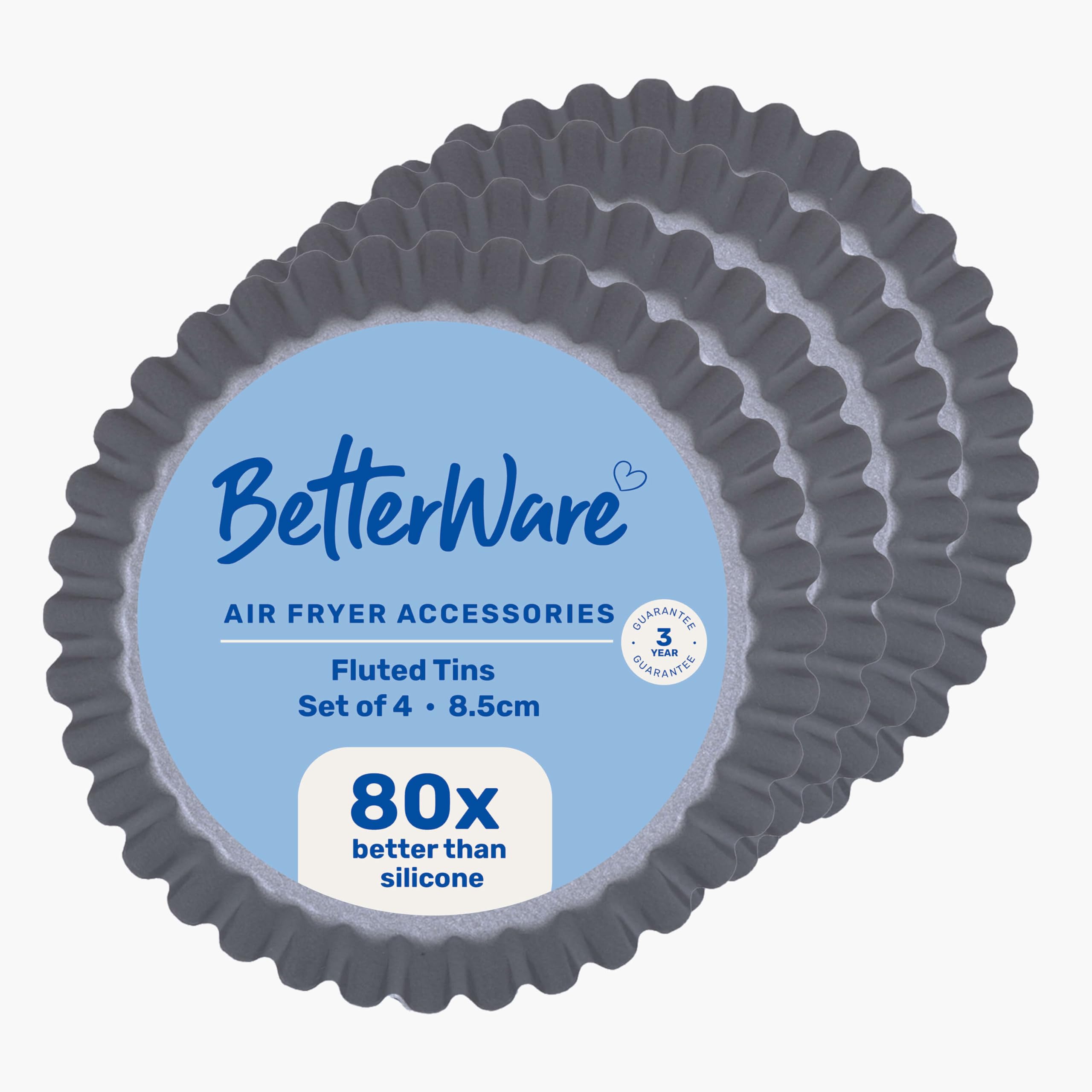 BetterWare Air Fryer Accessories Set of 4 x 8.5cm Round Fluted Tins | Non-Stick Low Carbon Steel | Dishwasher & Freezer Safe | Compatible with Most Air Fryers | Ideal for Cooking, Roasting & Baking