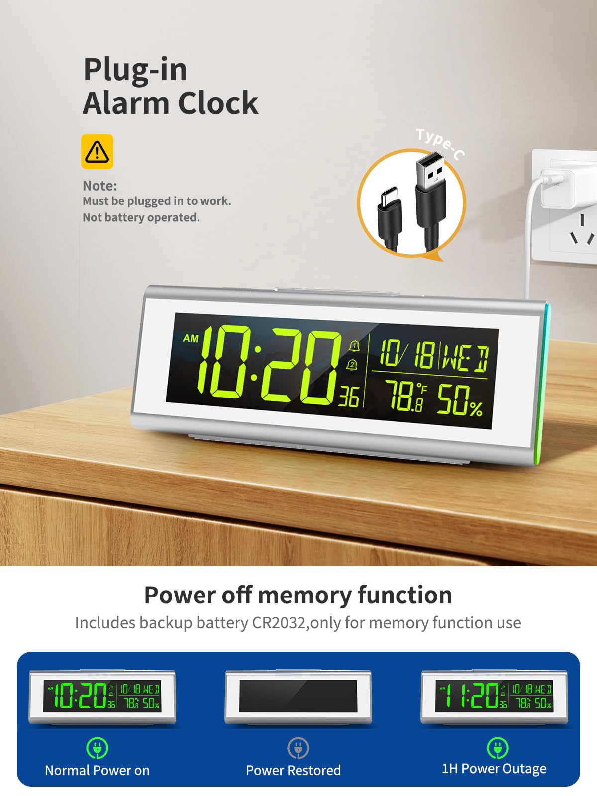 Réveil numérique pour chambre à coucher avec écran LCD, couleur atmosphère, cycle de couleur dégradé, avec affichage de la température et de l'humidité, fonction snooze (blanc)