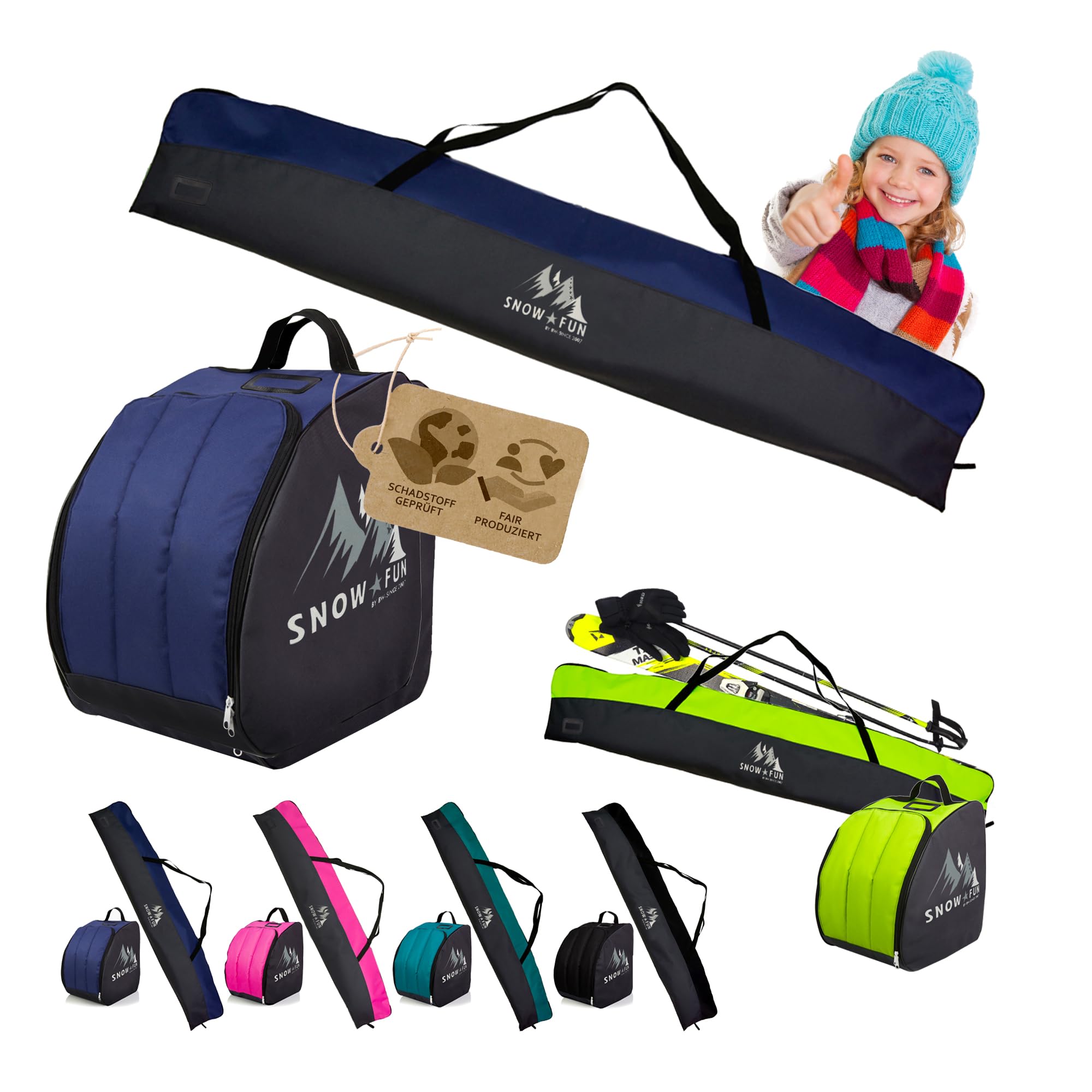 BambiniWelt Kit de ski pour enfant 125 cm Sac de ski & sac à chaussures de ski Cordura imperméable Sac à dos de ski Compartiment pour casque & compartiment pour lunettes de ski – École de ski et