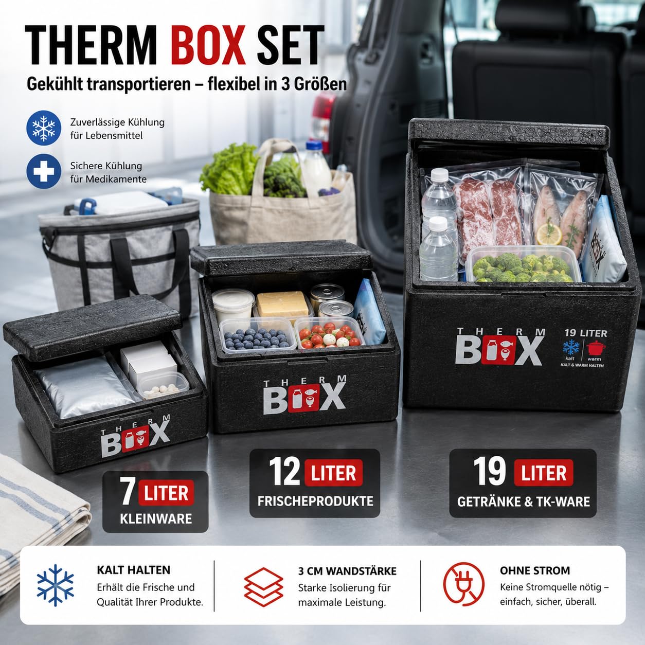 THERM BOX 3er Set Thermobox 7B 12B 19B Innen L33,5 x B23,5 cm Innenhöhen 9/15/27cm Wandstärke 3cm Isolierbox Kühlbox Warmhaltebox Styroporbox Wiederverwendbar