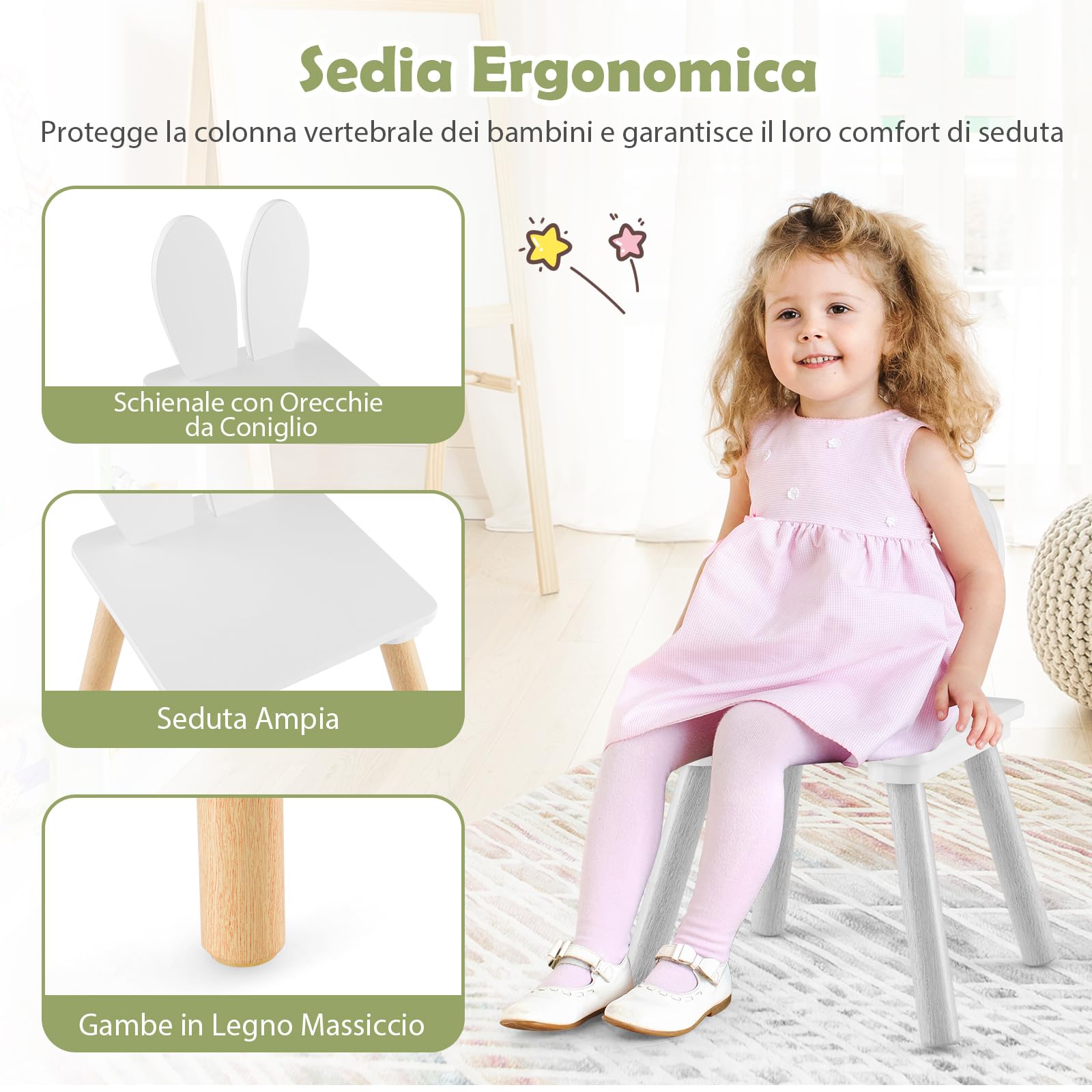 COSTWAY Set Tavolo e 2 Sedie per Bambini 3-6 Anni, Sedie Ergonomiche in Legno con Schienali a Forma di Orecchie di Coniglio, Portata 40kg, Salvaspazio, Ideale per Gioco e Disegno (Bianco)