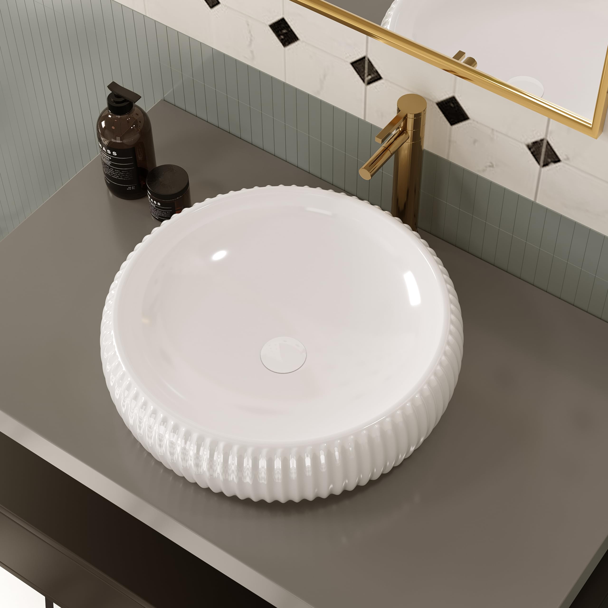 ELLAI Round Vessel Sink Bathroom Sink Above Counter Bowl Sink Porcelain Ceramic Countertop Sink, Glossy White with Pop Up Drain 16.5"x4.9"