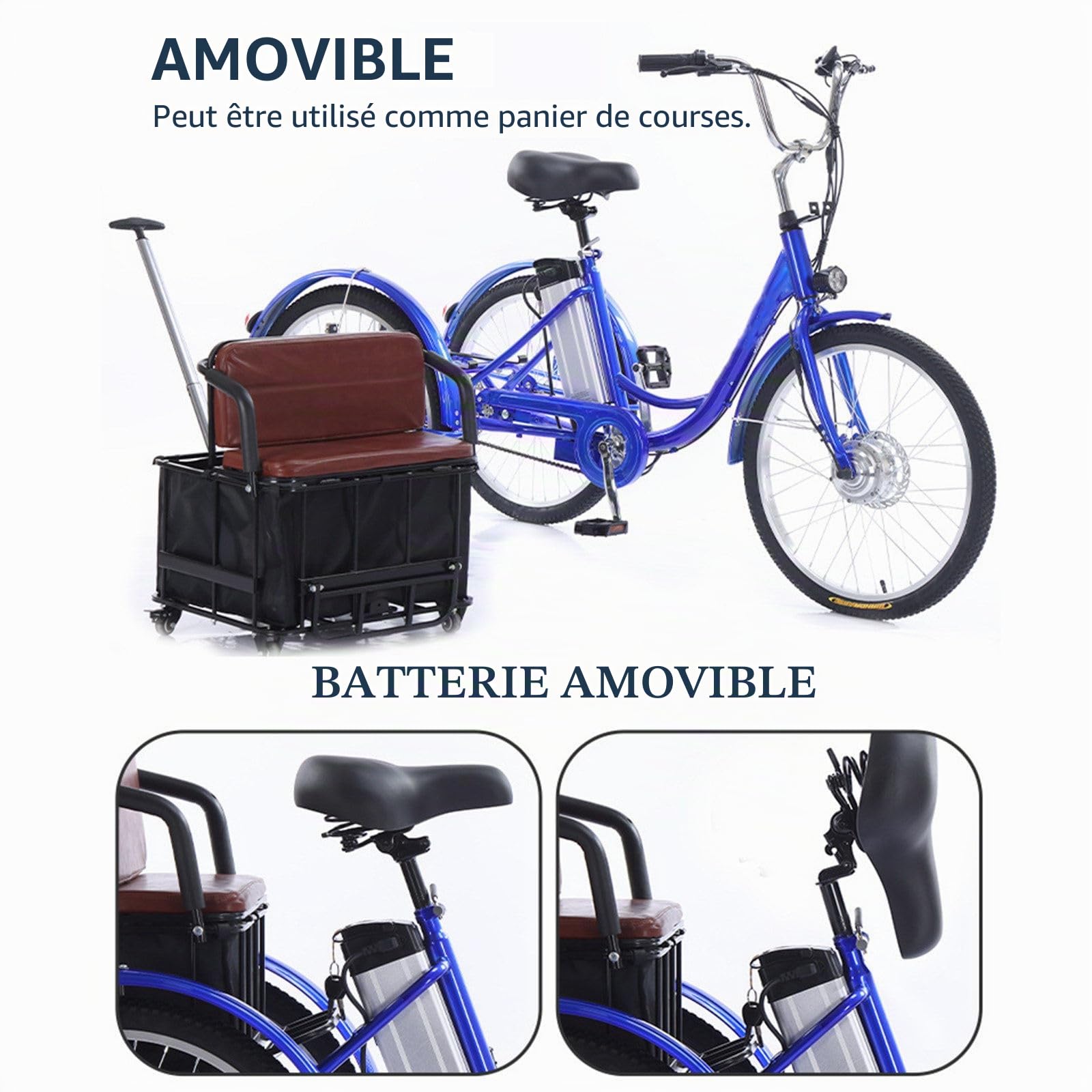 Vélo électrique Familial à 3 Roues,Tricycle éLectrique pour Adulte avec Panier/Batterie Amovible,Pneus De 24 Pouces,avec SièGe Ou Panier De Traction,Charge Maximale:150 Kg Black-WithSeat