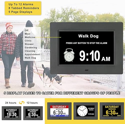 Miniatura 8 de SSINI Reloj digital de día con calendario para personas mayores con día y fecha para ancianos, reloj digital con pantalla grande con 12 alarmas (7