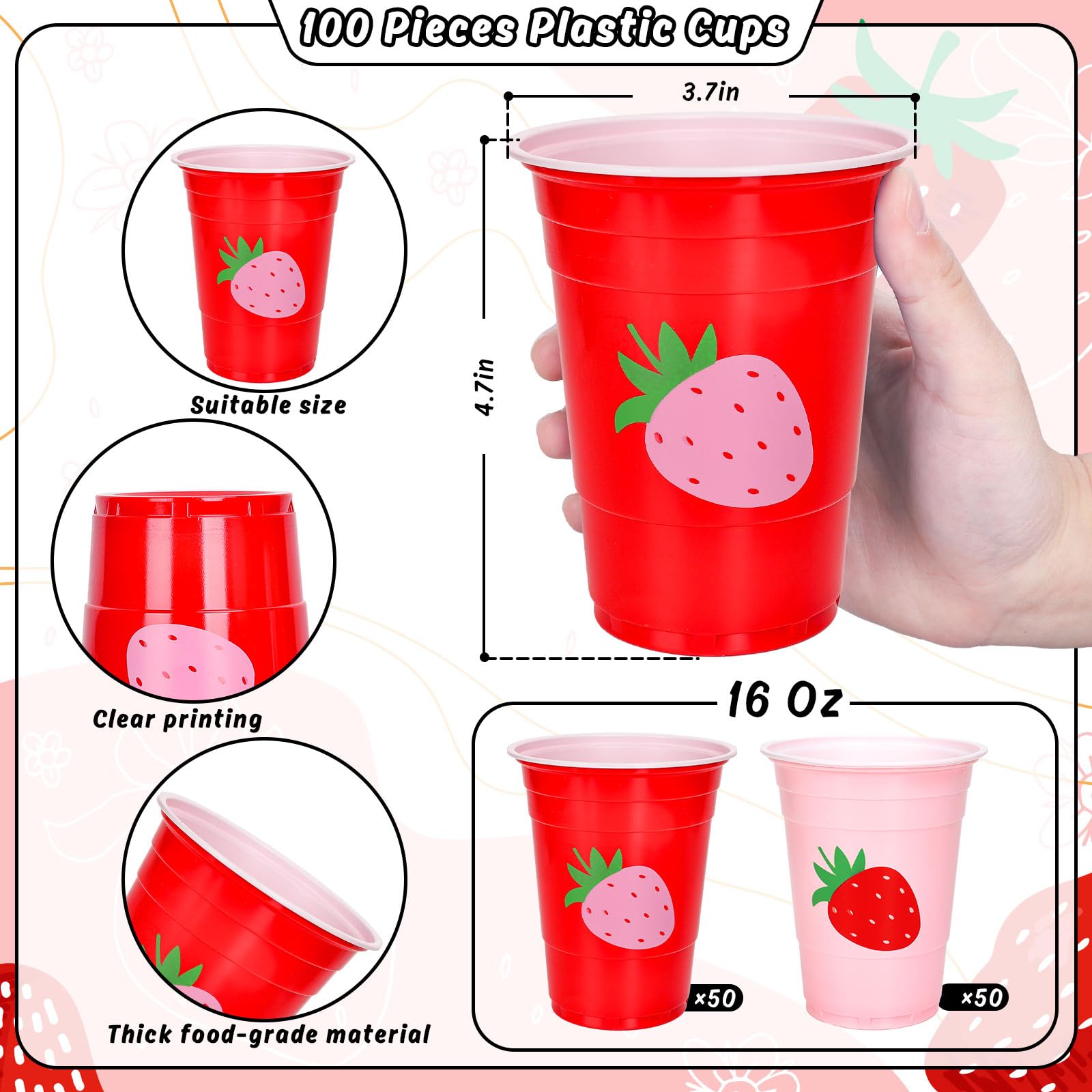 FYSUIMU Erdbeer-Plastikbecher, 473 ml, Rot / Rosa, Einweg-Trinkbecher, stapelbar, Partybecher für Sommer, Geburtstag, Babyparty, Partyzubehör, 100 Stück