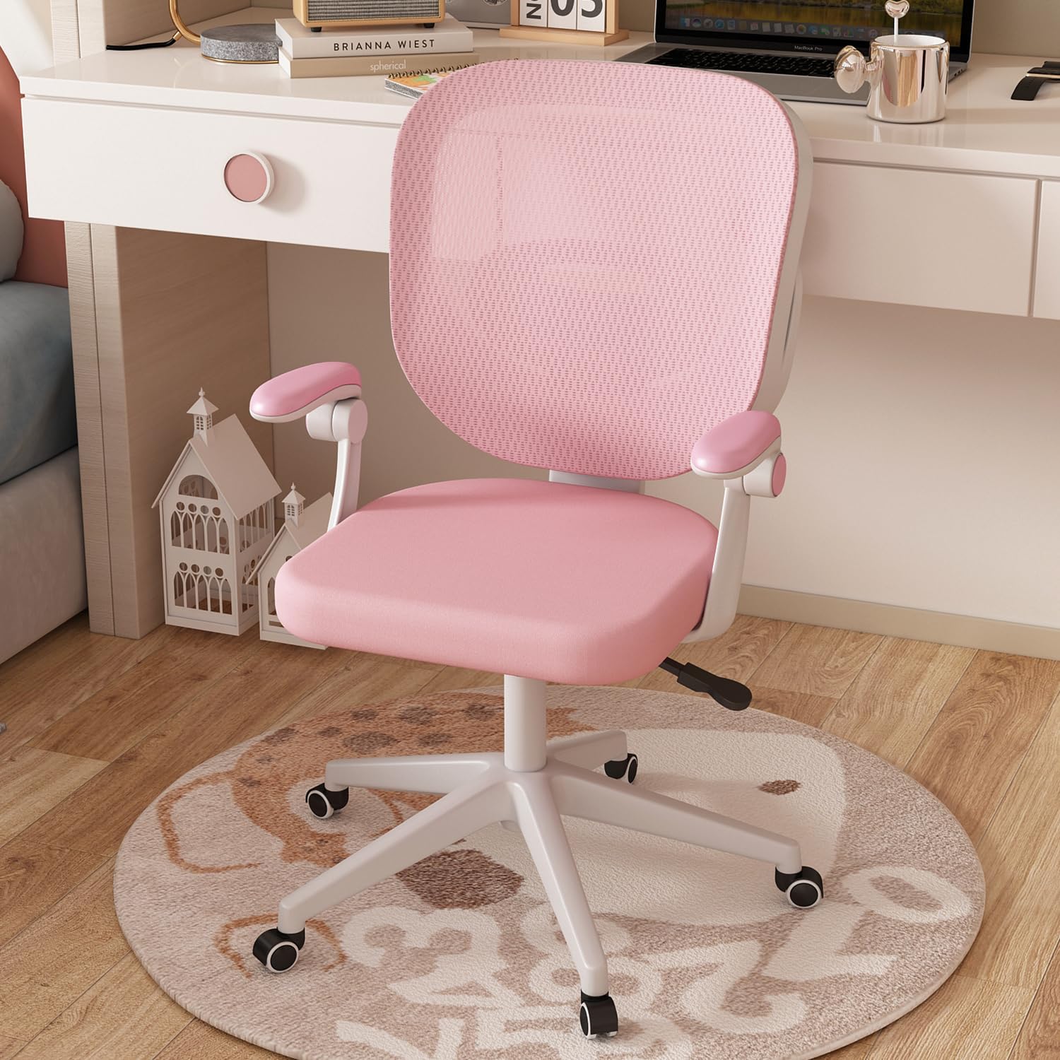 Silla de escritorio para niños y niñas con reposabrazos ajustables, silla de escritorio para niños con ruedas, silla de computadora para niños, silla de estudio de oficina para niños (rosa) 2