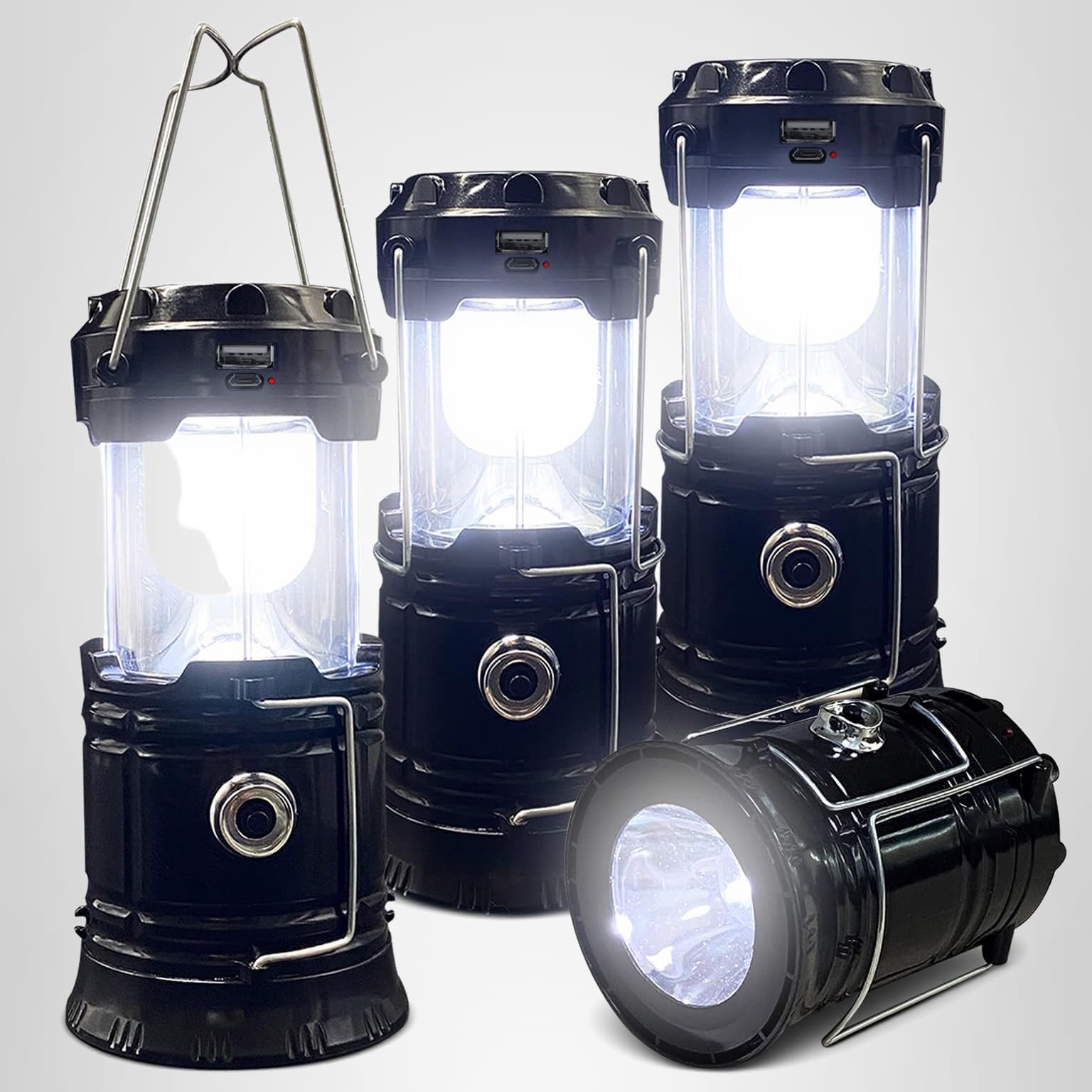 Collapsible Portable LED Camping Lantern XTAUTO Lightweight Waterproof Solar USB Rechargeable LED Flashlight Survival Kits for Indoor Outdoor Home Emergency Light Power Outages Hiking Hurricane 4-Pack