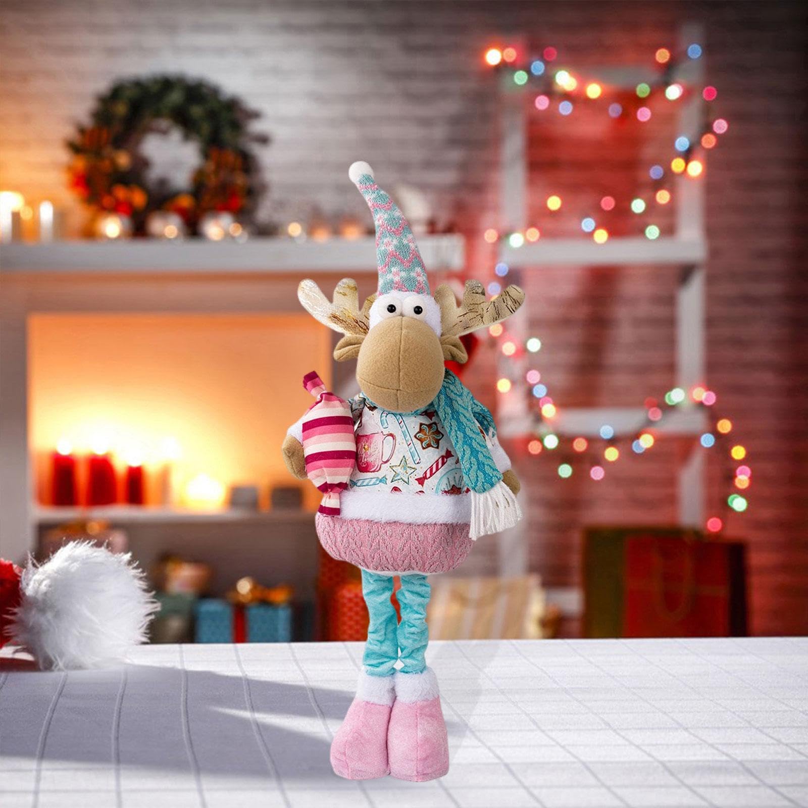 Qianly Muñeco Navideño Adorno de Peluche Figura de Navidad Muñeco con Base Fija Material Poliéster Adecuado para Biblioteca Decoración Familiar Regalo Creati, Alce, Individual