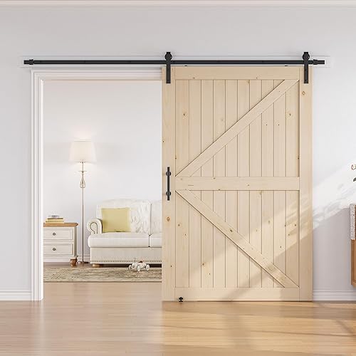 Miniatura 4 de SMARTSTANDARD Puerta corredera de granero de 54 x 84 pulgadas con kit de herrajes para puerta de granero de 9 pies incluido, puerta de madera maciza