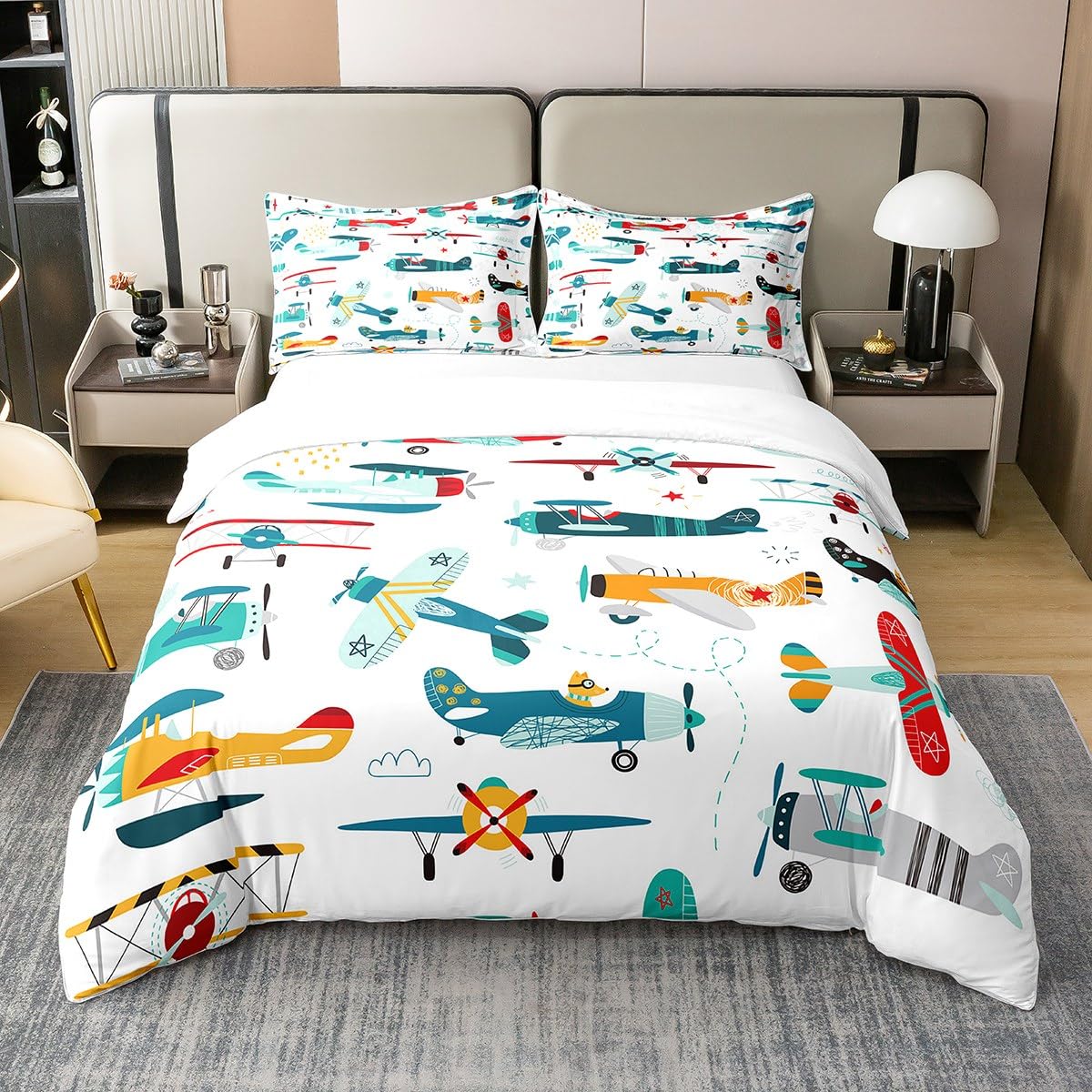 Homemissing Avion 100% Coton Housse de Couette Enfants Jeunes Enfants Dessin animé Avion Parure de lit 100% Coton Mignon garçon Fille Housse de Couette avec 1 taie d'oreiller 140x200cm Zip