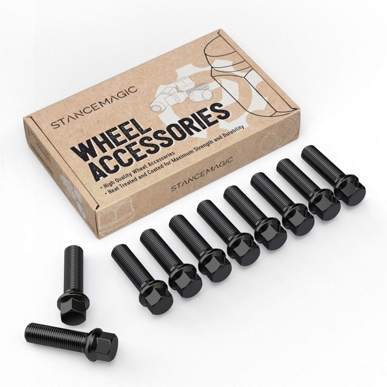 10pcs Extended Black Lug Bolts 14x1.5 (45mm Shank Length - Not OEM Length, Ball Radius Seat) Compatible with Audi TT A3 A4 S4 A5 S5 A6 S6 A7 B5 B6 B7 B8 Volkswagen Jetta Golf GTI Passat CC Beetle