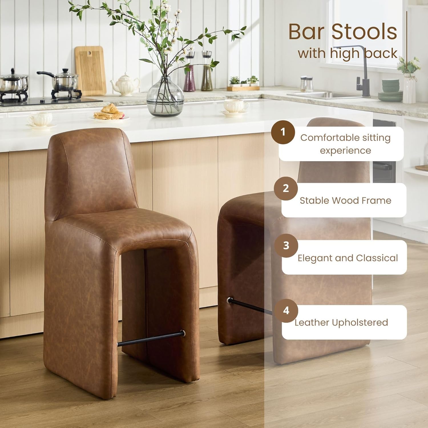 26" Upholstered Counter Height Bar Stools Set of 2, Modern Brown Leather Bar Stools with Support Back S for Kitchen Island/Breakfast/Dining Room/Cafe/Pub