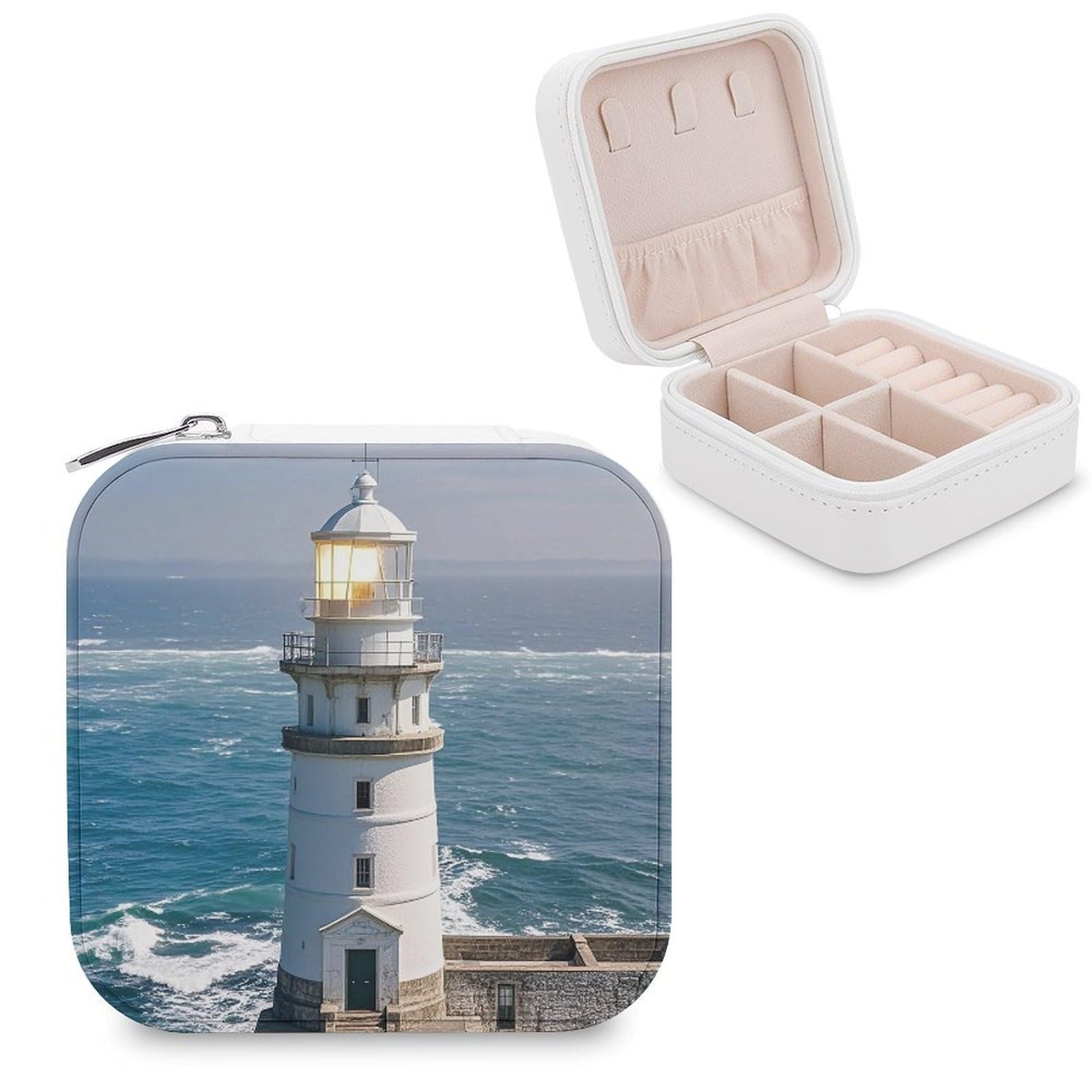VstaDank Lighthouse Sandbeach Jewelry Box Beautiful Portable Ring Boxes Cute Large-Capacity Jewelry Case Jewelry Organizer for Mothers Gifts for Earrings Rings Hand Bracelet