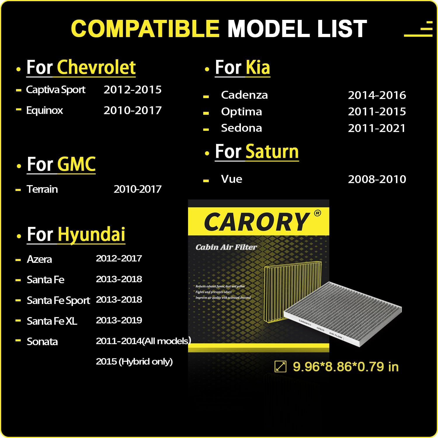 cabin air filter w/activated carbon for chevy equinox 2010-2017, captiva sport 2012-2015, gmc terrain 2010-2017, hyundai santa fe 2013-2018, santa fe sport 2013-2018, kia sedona 2011-2021
