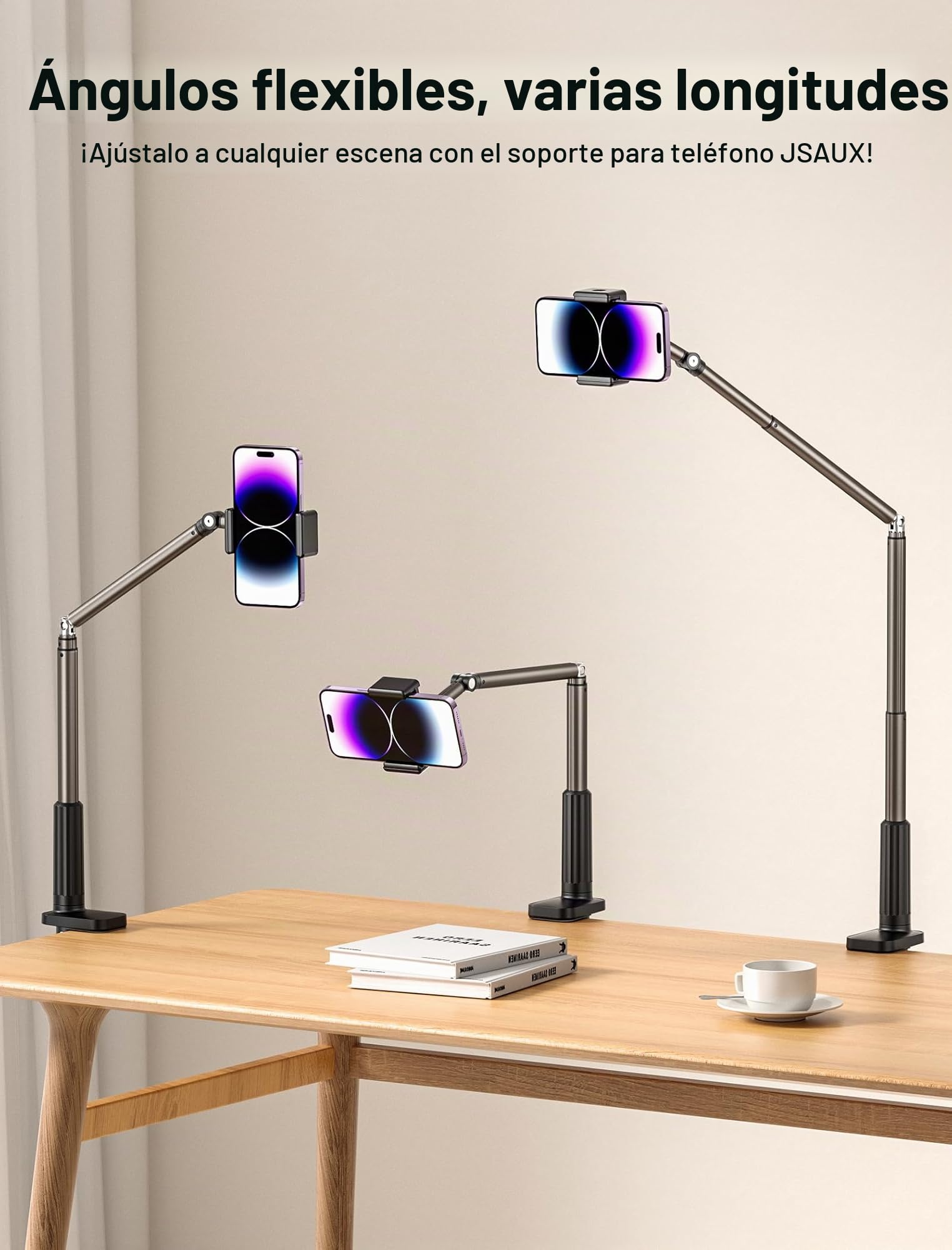 JSAUX Soporte para teléfono para Cama y Escritorio, Clip Universal Ajustable para teléfono para Marco de Cama de Escritorio Compatible con iPhone 14 Pro MAX Plus Mini iPhone 13 12 11 X Samsung -Negro