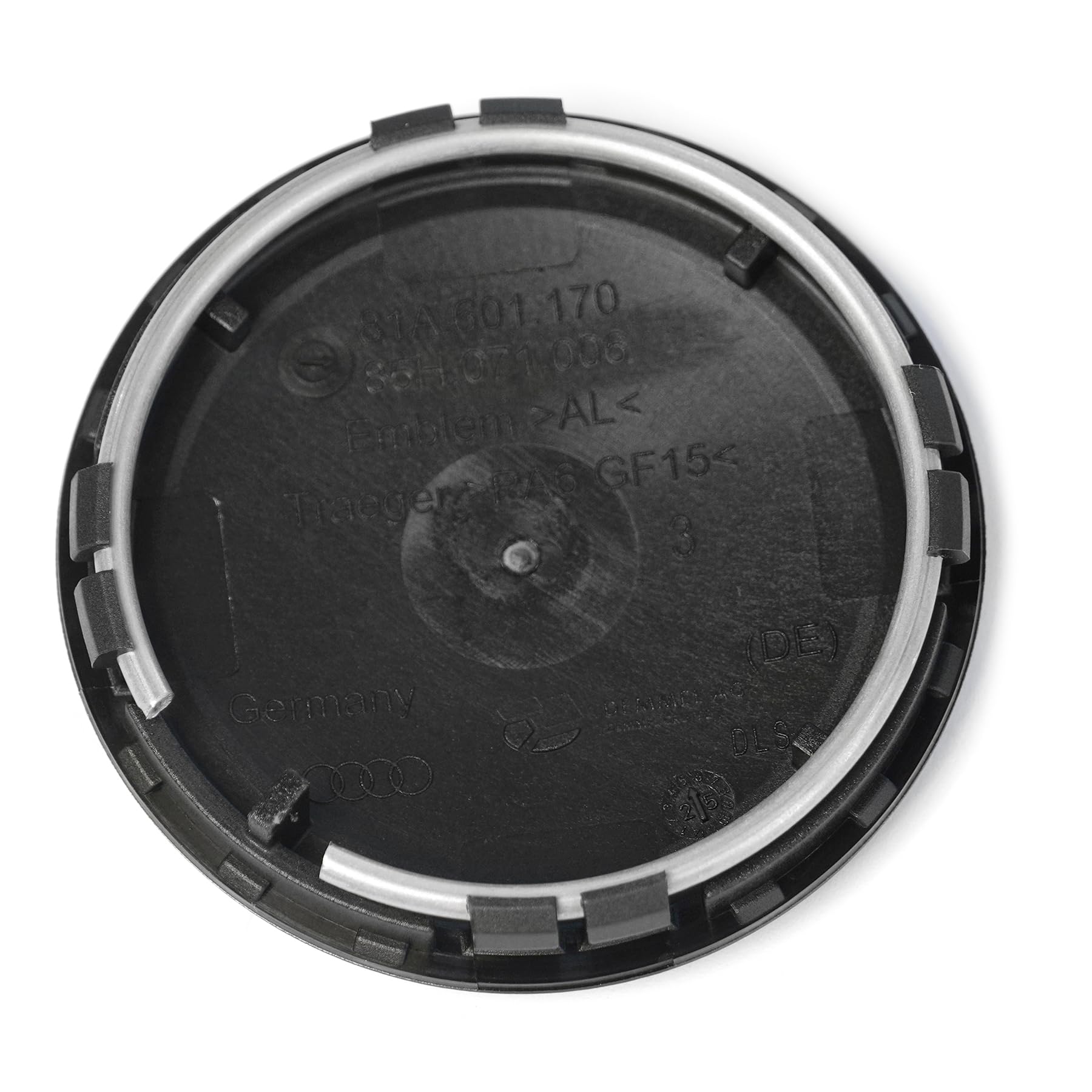 Audi Coprimozzo Originale, Nero Lucido/Opaco, Alluminio, Set da 4, Diametro Interno 55mm/Esterno 61.5mm, per Cerchi in Lega, 85H071006A