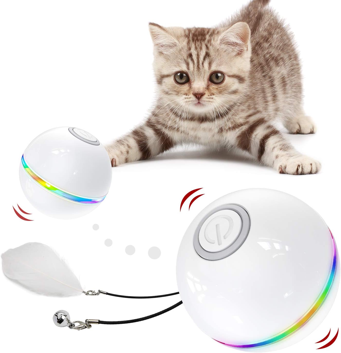 IOKHEIRA Cat Ball Interactive Cat Toys for Indoor Cats Wicked Ball Kitten Toys with Bell Feather Built-in Catnip, USB Rechargeable Automatic 360° Rotating Cat Toy balls with LED Light