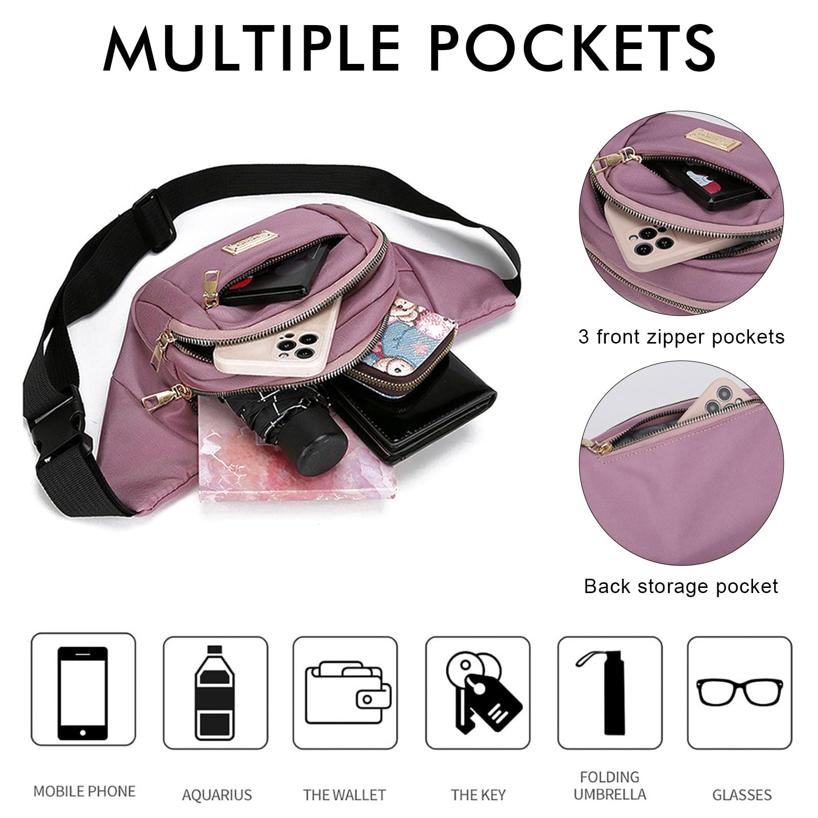 Bumbags for Ladies Women Men Lightweight Adjustable Bum Bag Fanny Pack with 4 Zipper Pockets,Fashionable Waist Pack for Travel, Running, Hiking, Cycling (Pink) — view 4