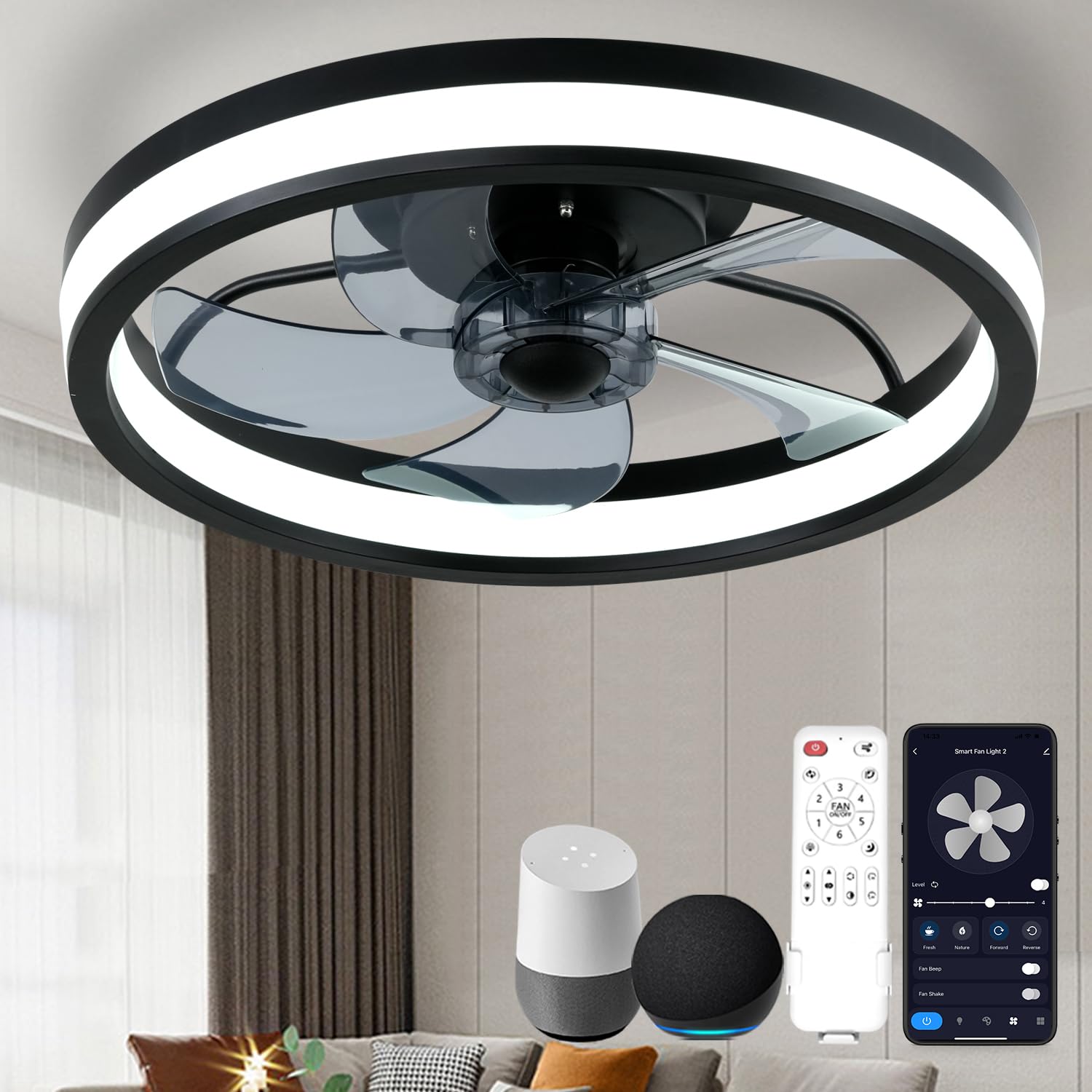 Smart Bladeless Ceiling Fan With Light Compatible with Alexa and Google Assistant,Flush Mount Ceiling Fans,3 Color LED and 6 Speeds Low Profile Ceiling Fan With Remote(Black)