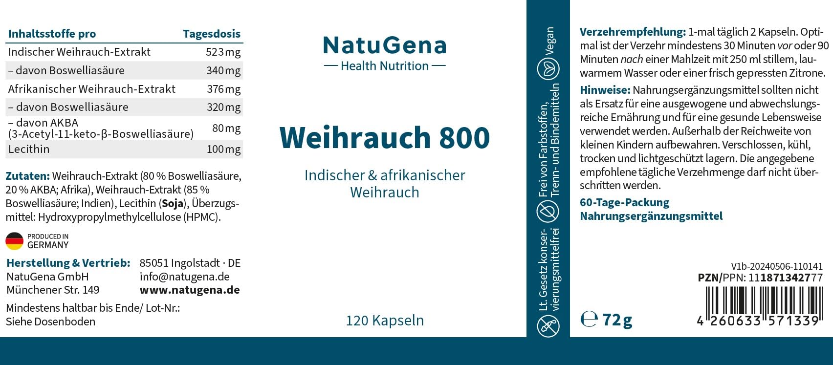 NatuGena Weihrauch 800 afrikanischer Weihrauch-Extrakt, indischer Weihrauch-Extrakt, zwei hochwertigen Boswellia-Extrakten, 120 Kapseln (2 Monats Packung)