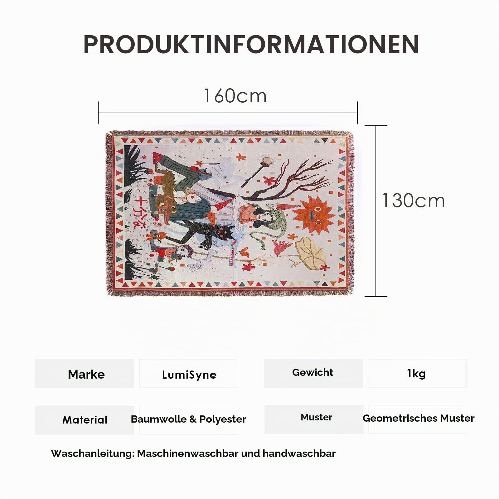 LumiSyne Baumwolle Gewebt Decke Überwurf Mit Quast Bohemian Ethno Stil Azteken Navajo Überwurfdecke Kuscheldecke Dekorative Decke Für Bett Couch Sessel Camping Wandteppich Tischdecke Teppich 160x130cm