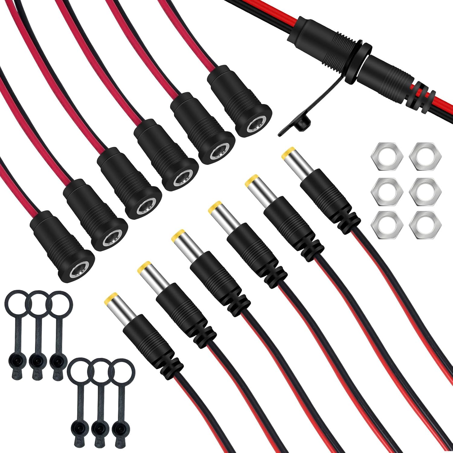 6 Sets DC Power Jack Socket, 5.5 x 2.1 mm DC Pigtail Power Cord, Threaded Female Panel Mount Connector Adapter with Pre-soldered Wires and Waterproof Cover Cap