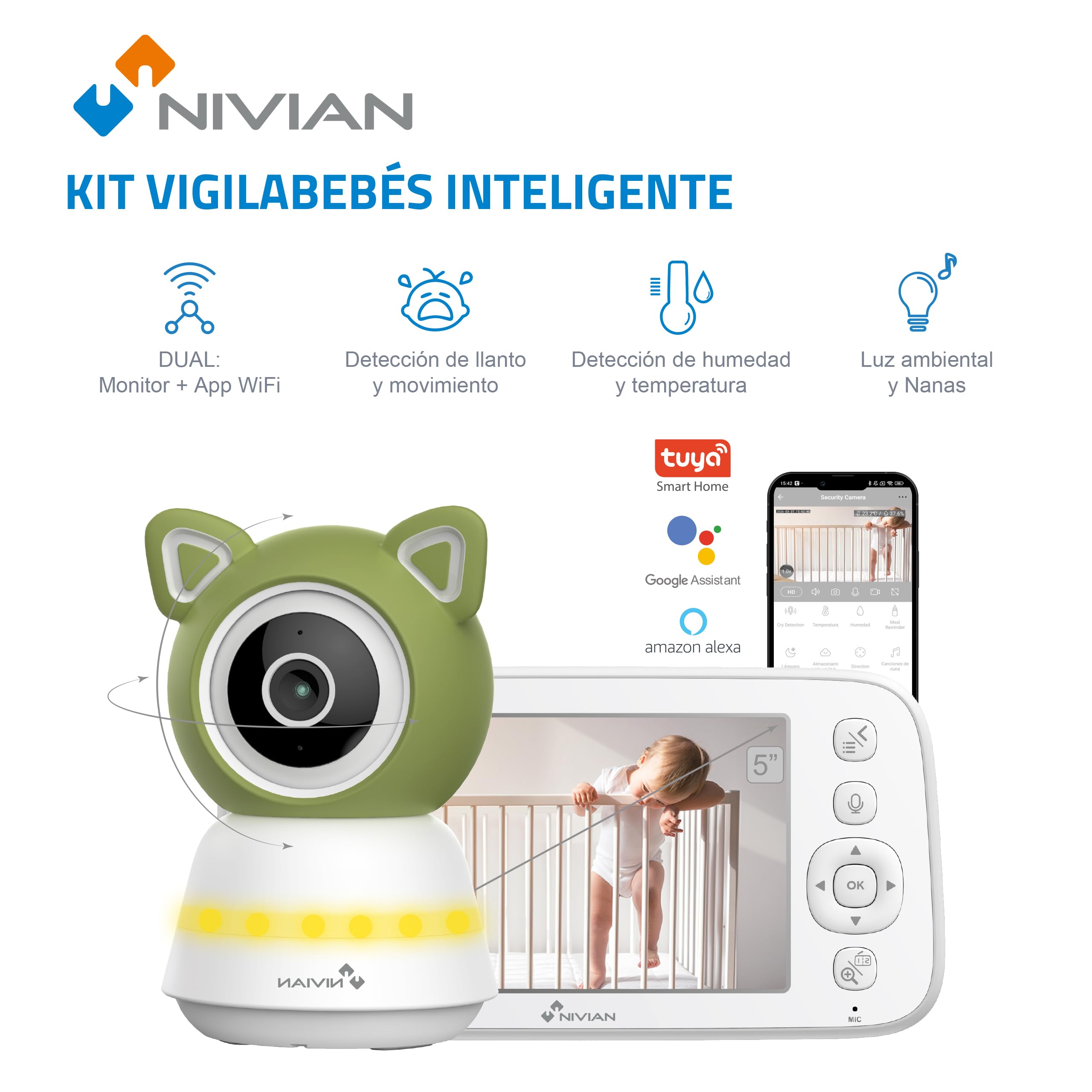 NIVIAN Telecamera baby monitor 5" Wi-Fi PTZ rilevamento pianto 1080p