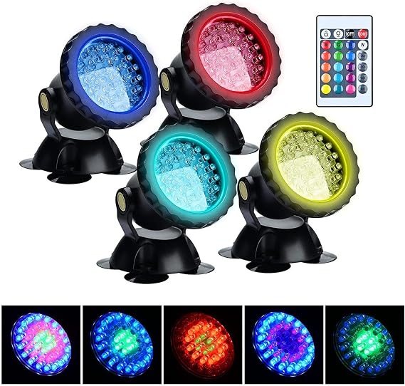 Underwater RGB Spot Lights - 12V Waterproof Garden Pond Light, Remote Control Amphibious Change Color Submersible Lights for Garden Pond Aquarium Courtyard Swimming Pool Fountain Fish Tank(Set of 4)