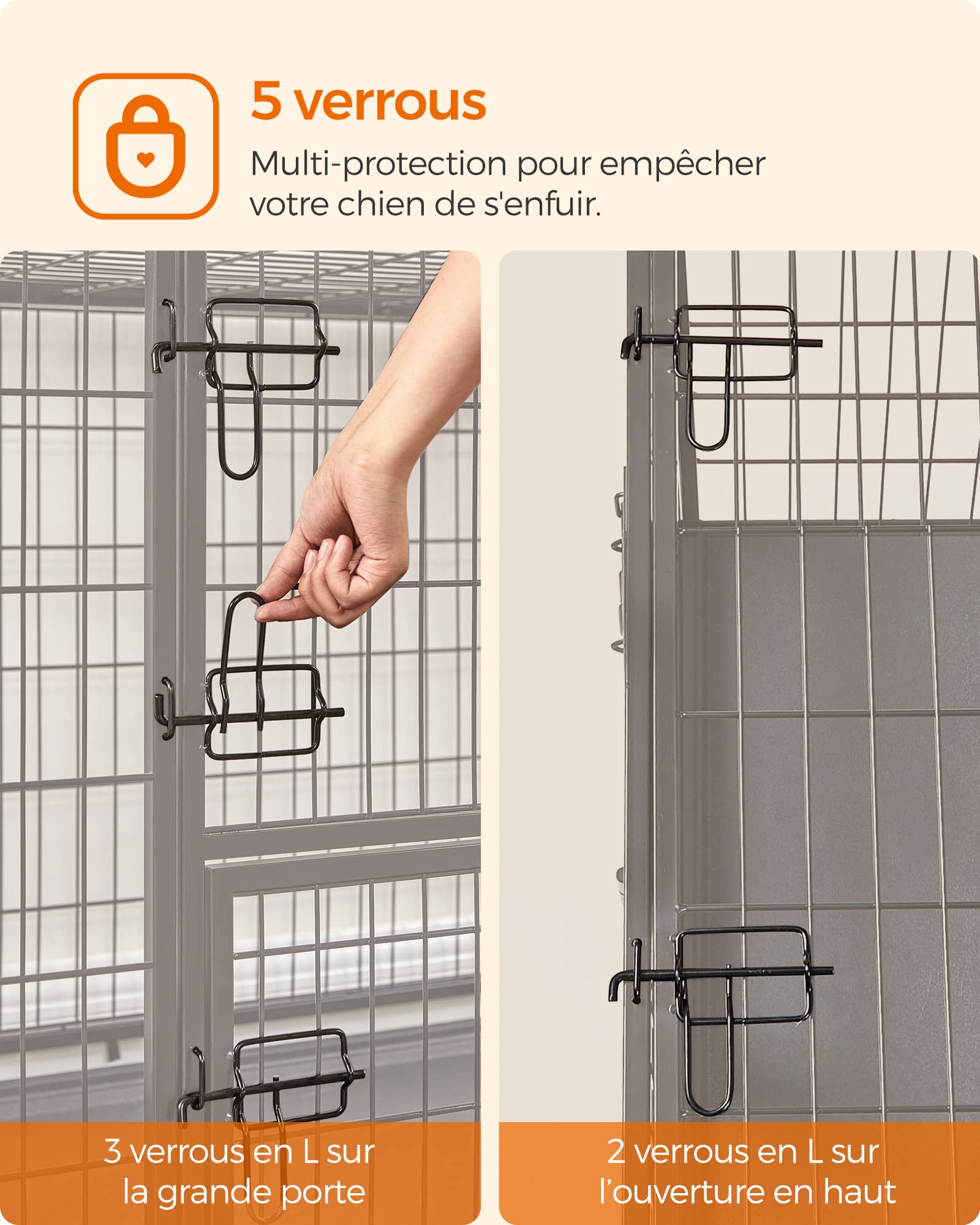 Feandrea Cage pour Chien Lourd, 107 x 70 x 75 cm, pour Chiens Moyens et Grands, Anti-évasion, Double Porte Amovible, XL, Noir PPD001B01