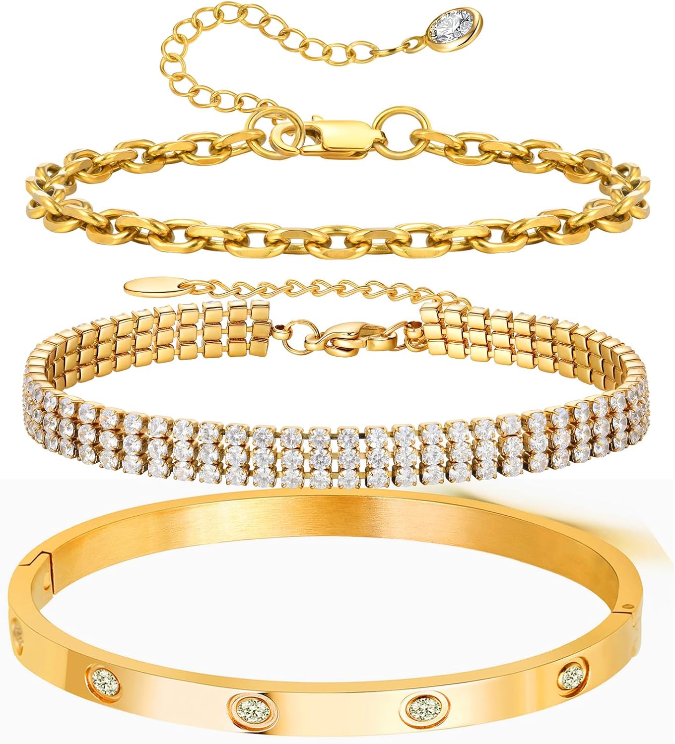 18K Gold Plated Bangle Bracelet Set for women,Cubic Zirconia Classic Stainless Steel Adjustable Gold Tennis Love Bracelets Stack for women and men