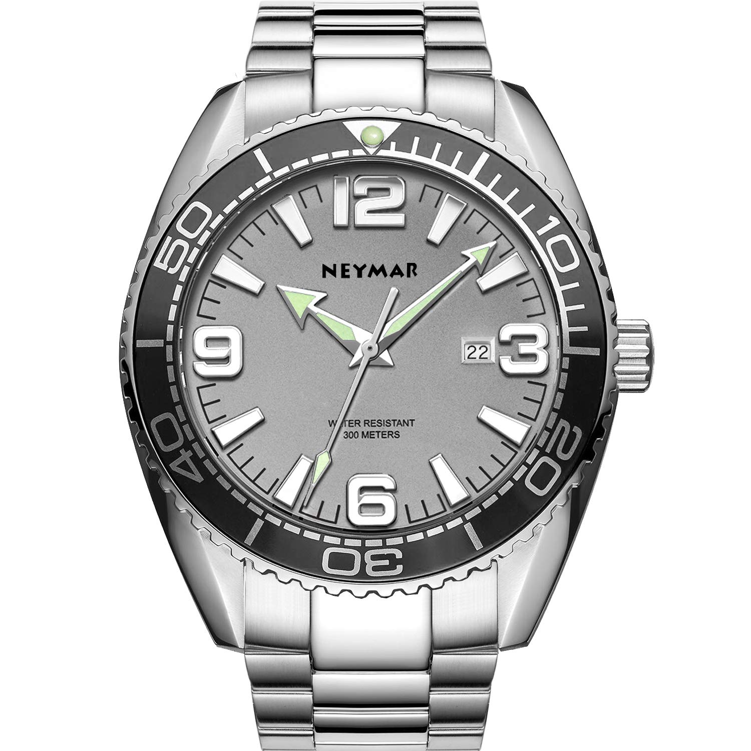 NEYMAR 300m Men Quartz Movement Ultra Thin Sport Watch with Sapphire Glass Stainless Steel Strap（Fat