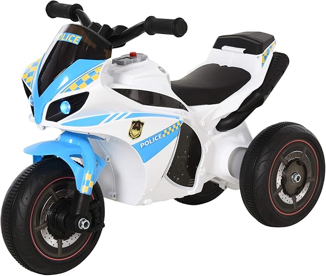 HOMCOM Kids Ride-On Police Bike 3-Wheel Vehicle w/ Music Lights Safe Seat Handlebars Toddler NO POWER Child Learning Fun Development 18-36 Months Blue