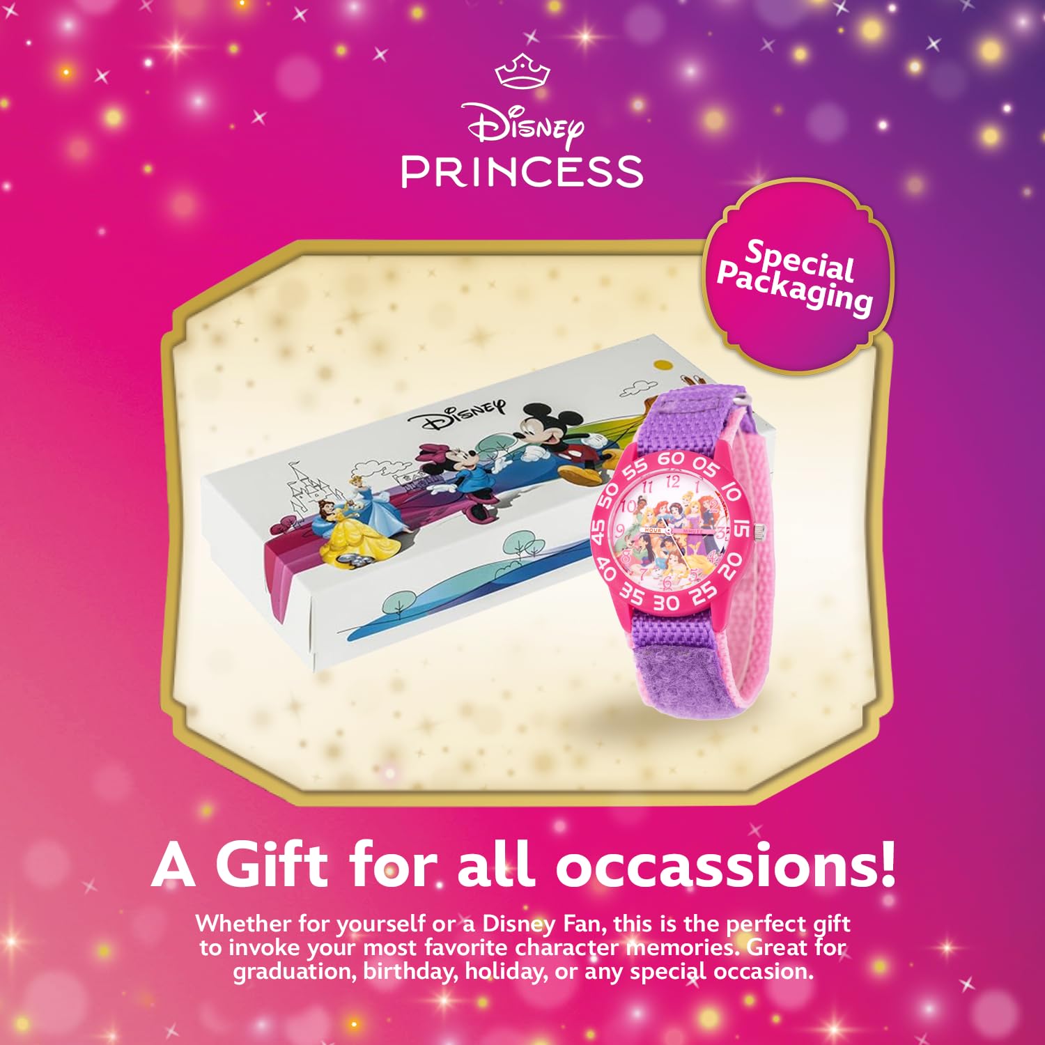 Disney Orologio da principessa per ragazze, orologio da principessa per bambini con lunetta bianca e cinturino in nylon reversibile, perfetto per ragazze dai 4 ai 7 anni, orologi per bambini, orologio