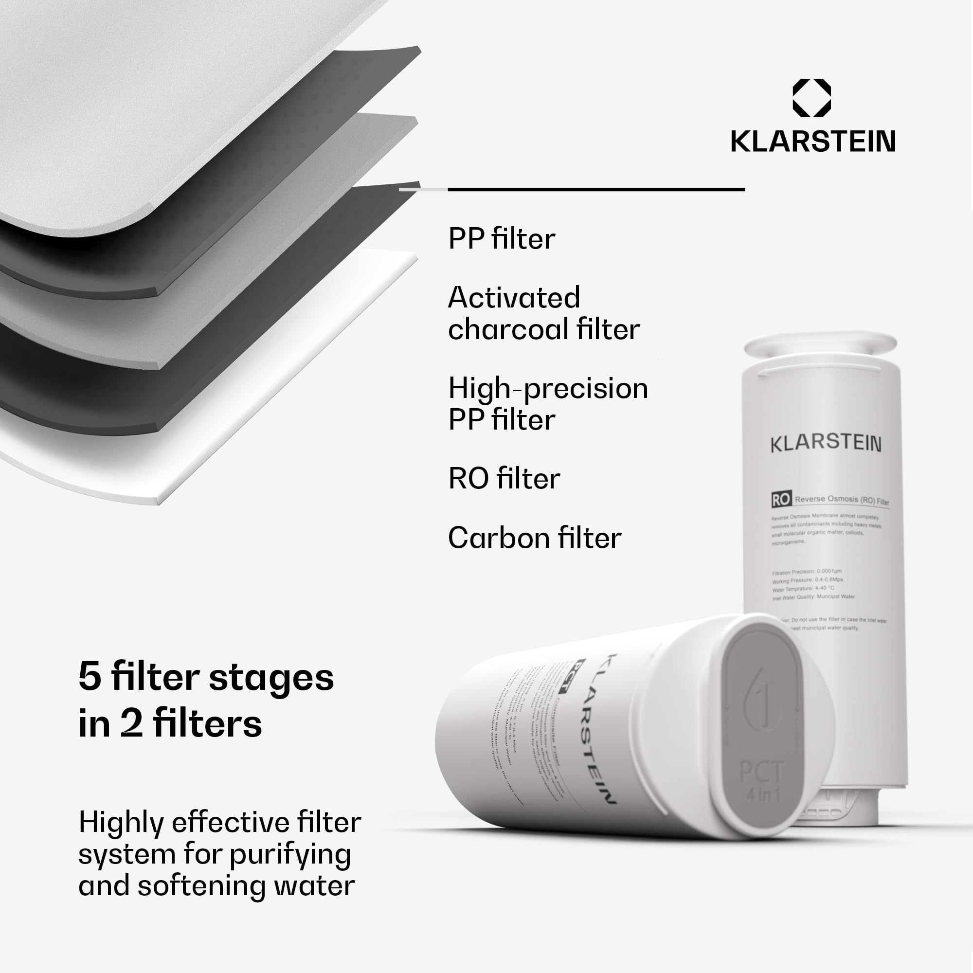 Klarstein System filtracji wody z odwróconą osmozą, 800GPD podzlewowy system filtracji wody pitnej, 5-stopniowa filtracja, 2 filtry, Osiąga 99,99% czystości, Szybka instalacja odwróconej osmozy RO