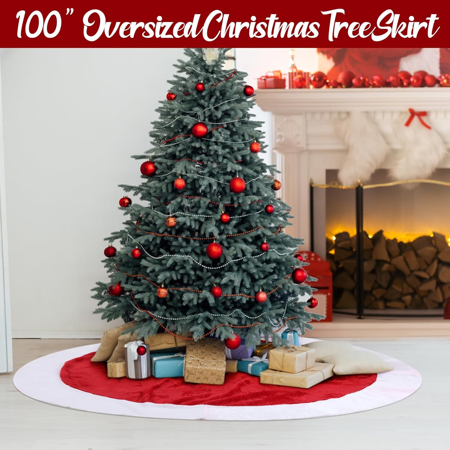 100 Inch Large Christmas Tree Skirt Red White Plush Tree Skirt Mat Christmas Faux Fur Tree Skirt Xmas Tree Mat for Home Holiday Party Decorations Indoor Outdoor